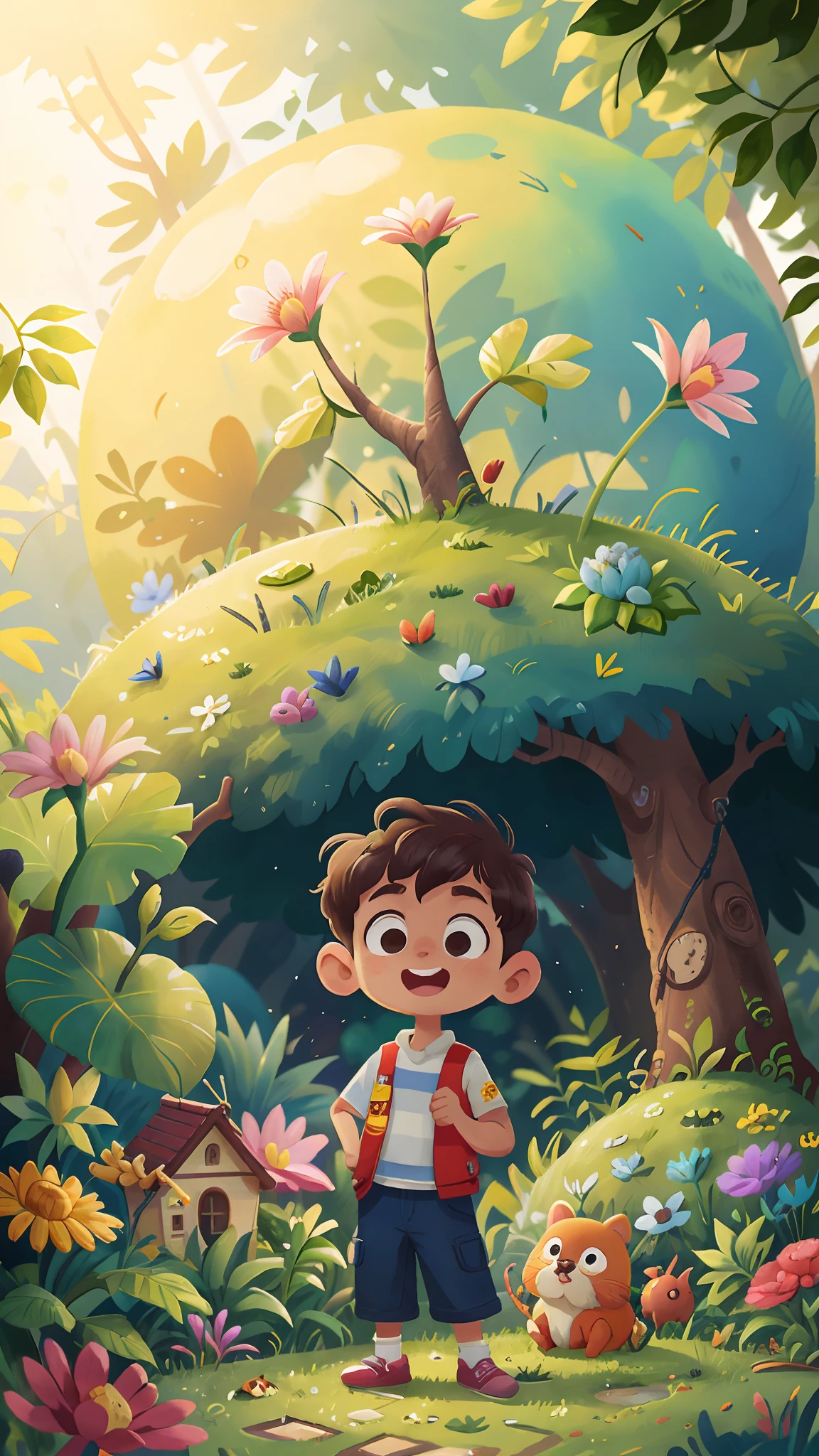A 6-year-old boy standing in a garden, feliz, feliz, qualidade perfeita, foco claro (mess - house: 0.8), (obra-prima: 1.2) (Realista: 1.2) (Bokeh) (Melhor qualidade) (Pele detalhada: 1.3) (Detalhes intrincados) (8K) (Detalhe Olho) (foco nítido), (Feliz) correndo dentro do jardim