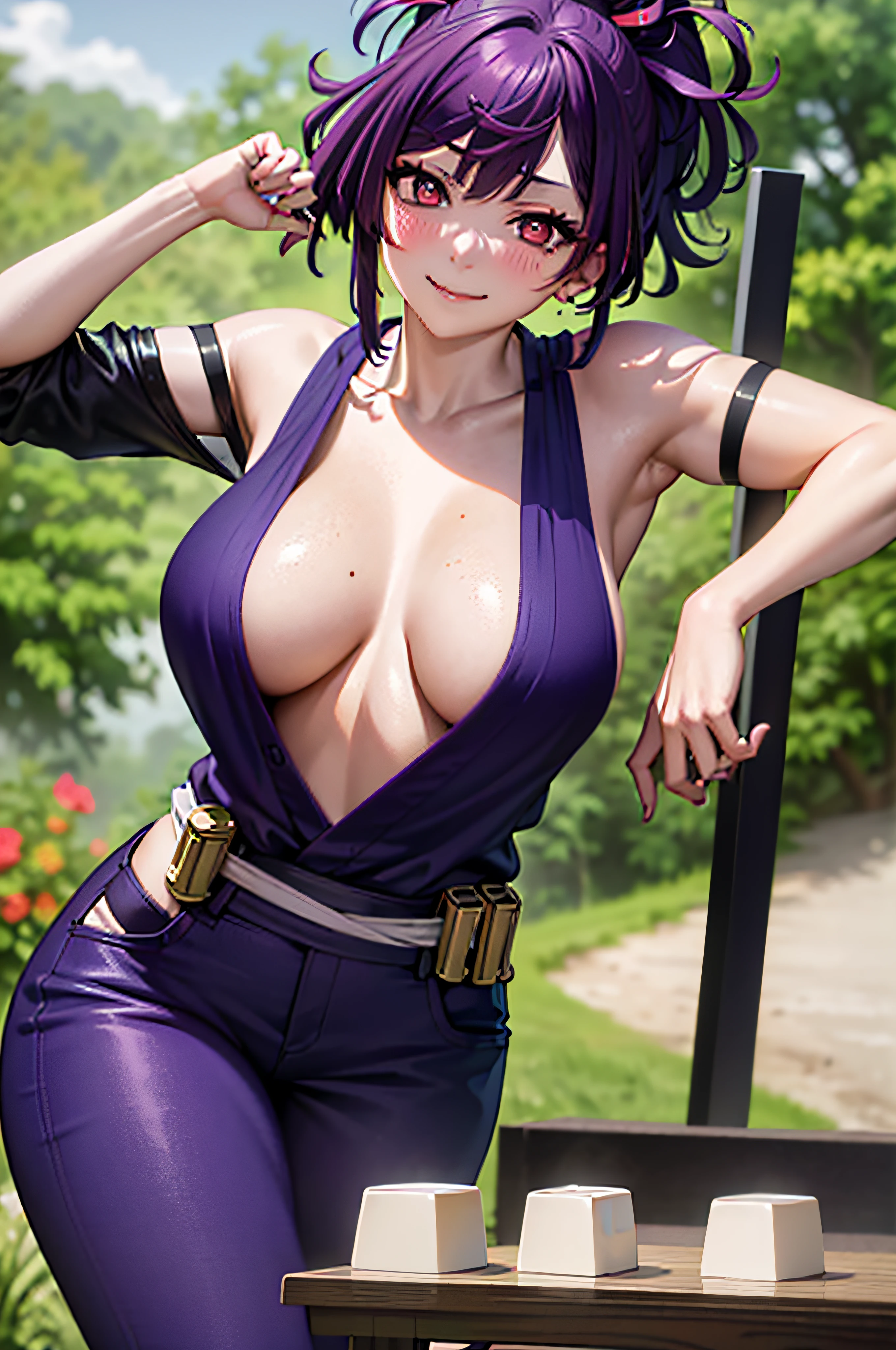 best quality, masterpiece, (leaning over:1.4),
1girl, yuzuriha_(jigokuraku), purple hair, brown eyes, ninja, open clothes, cleavage, small breasts, topknot, medium hair, breasts apart, seductive smile, pants, undressing, (blush:1.1), japanese exterior, temple,