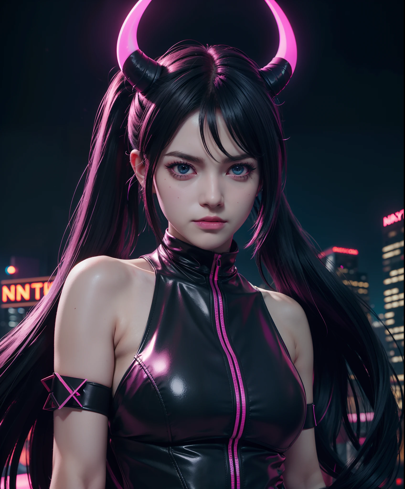 (masterpiece, best quality, chromatic aberration), 1girl, solo, long hair, ponytail, demon horns, horns, cyperpunk vibes, synthwave, city scrapper, night, neon, neon light, RTX, post processing, depth of field