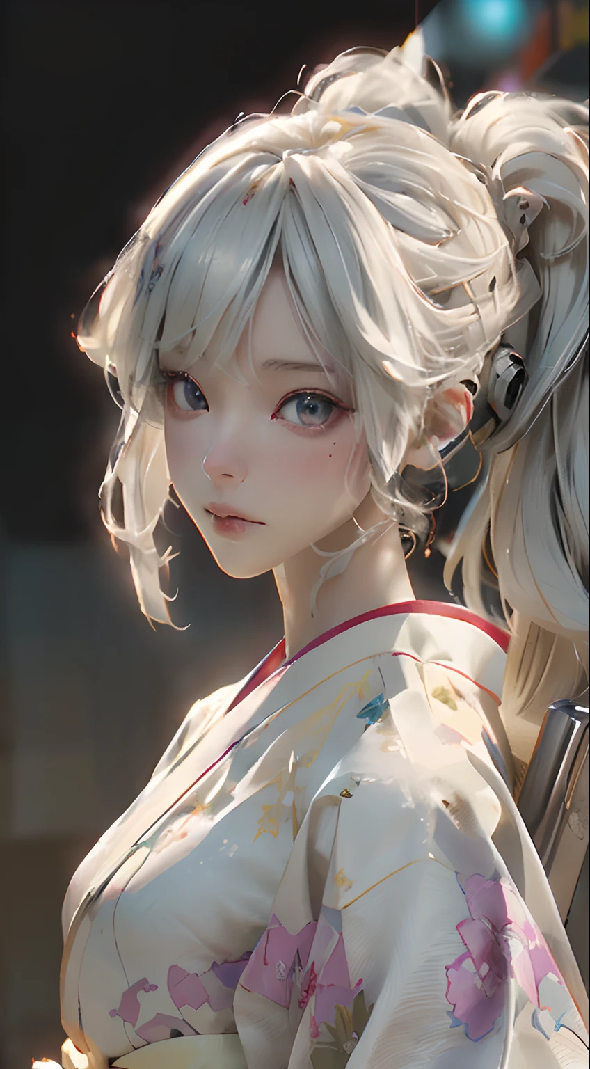 Japanese firework at sky, walking around Japan summer festival, (light yellow color kimono:1.3), (Best Quality), ((Masterpiece), (Detail: 1.4), 3D, A Beautiful Cyberpunk Woman, HDR (High Dynamic Range), Ray Tracing, NVIDIA RTX, Super-Resolution, Unreal 5, Subsurface Scattering, PBR Textures, Post-Processing, Anisotropic Filtering, Depth of Field, Maximum Sharpness and Clarity, Multi-layer Textures, Albedo and Highlight Maps, Surface Shading, Exact simulation of light-material interactions, perfect proportions, Octane Render, bicolor light, large aperture, low ISO, white balance, rule of thirds, 8K RAW, close-up of a woman with very long hair and a very large body, perfect anime robot woman, anime robot with organic mix, best anime 4K konachan wallpaper, detailed digital anime art, beautiful girl cyborg, portrait of cyborg queen, cyborg - silver girl, biomechanics oppai, Digital cyberpunk anime art