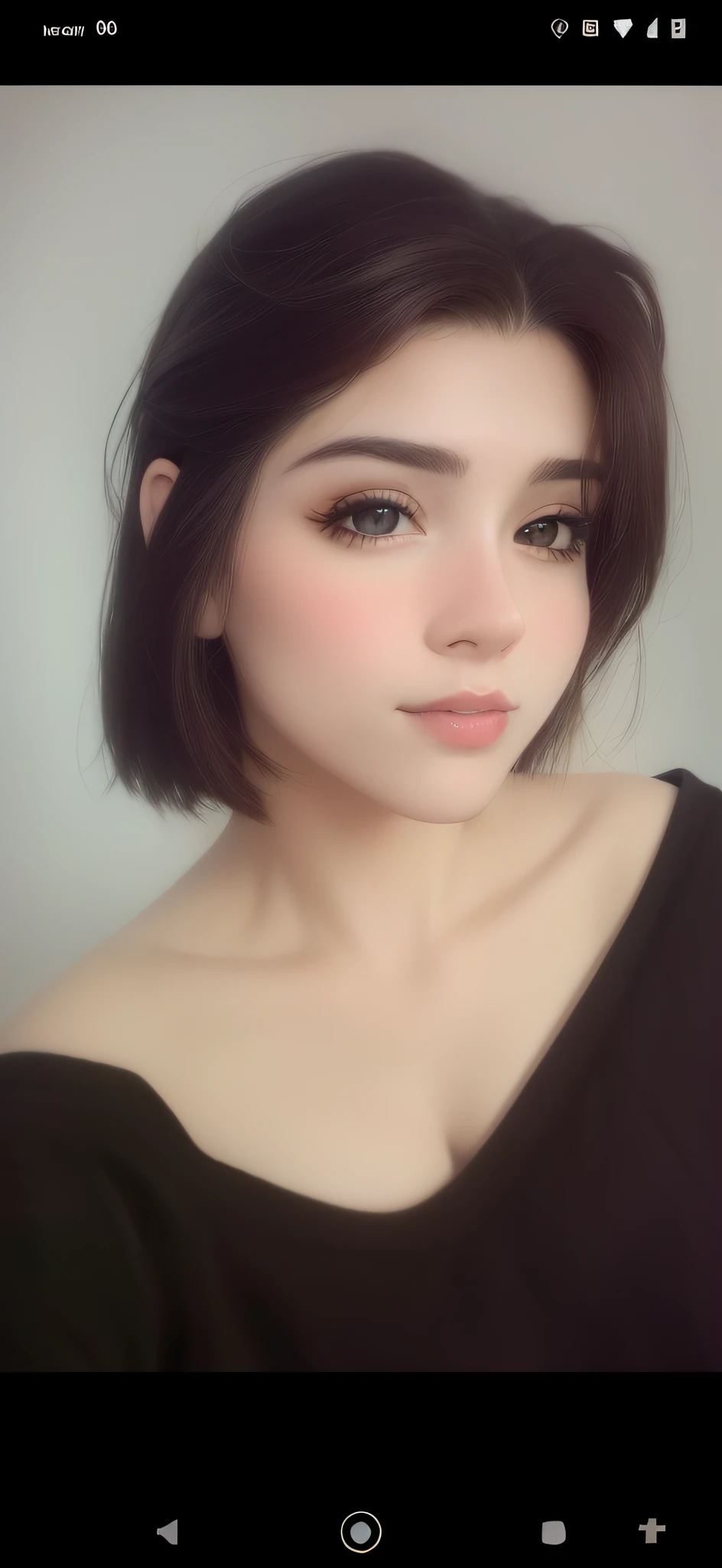 um close up de uma mulher com uma camisa preta e um top preto, cabelos castanhos curtos e olhos grandes, com cabelos curtos, cabelos castanhos e olhos grandes, cabelos curtos naturais, jovem Amouranth bonito, Fotografia selfie 8k, 🤤 retrato da menina, Amouranth, cabelos lisos curtos, cabelos na altura do queixo, halfbody headshot, pale-skinned persian girl