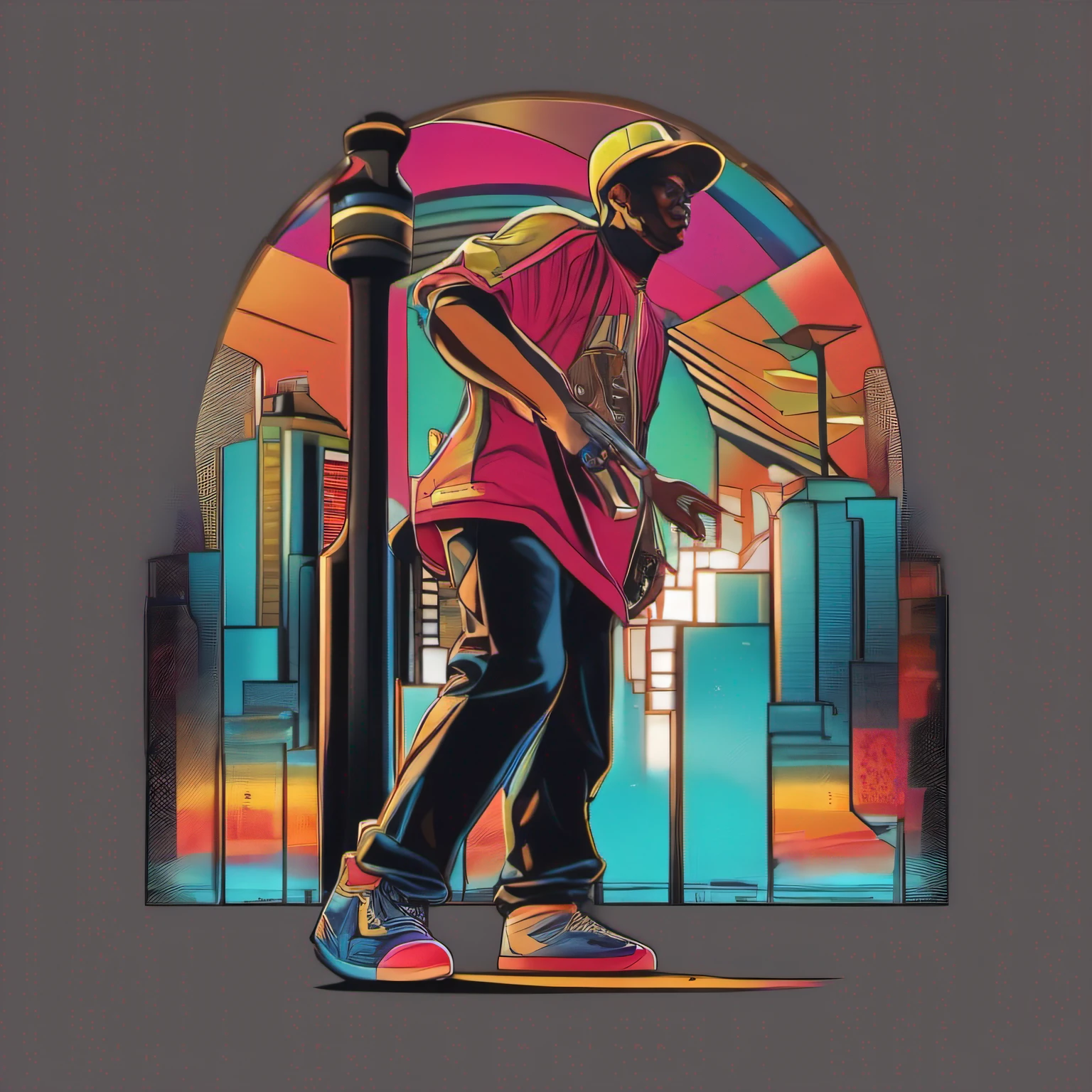 arte da camiseta, 2D, ((fundo preto :1, 5)), vetor, vivid colors, personagem da roupa do hip hop, master part, melhor qualidade, detalhes intrincados, Realistic details, luz de aro, cinematic shading, Greg Rutkowisk, Funny character, coelho
