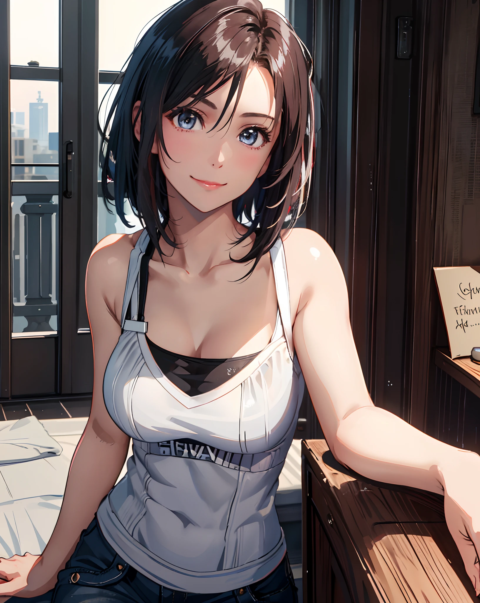Best Quality, Ultra High Resolution, (Photorealistic: 1.4), Beautiful Eyes, Super Beautiful, Very Short Hair, Beautiful, Sweetheart, T-shirt with Rough Chest, Beautiful Soldier, Eyes That Invite Viewer, Lover's Perspective, Inviting Expression, Sexy Smile, Perfect Style, Perfect Balance, Detailed Skin, Naughty Gaze, Chest Visible
