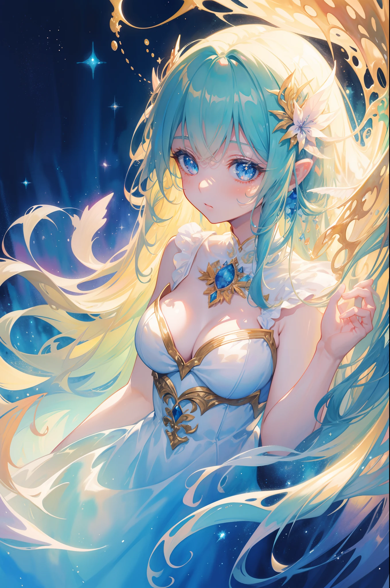 masterpiece, best quality, sharp focus, 8k, intricately detailed environment, anime, watercolor illustration, colorful, bright colors, whimsical, glowing lights, liquid otherworldly, fairy lights, beautiful girl in flowing liquid glowing dress, perfect face, golden ratio, sparkling eyes, watercolor, liquid light, angel wings