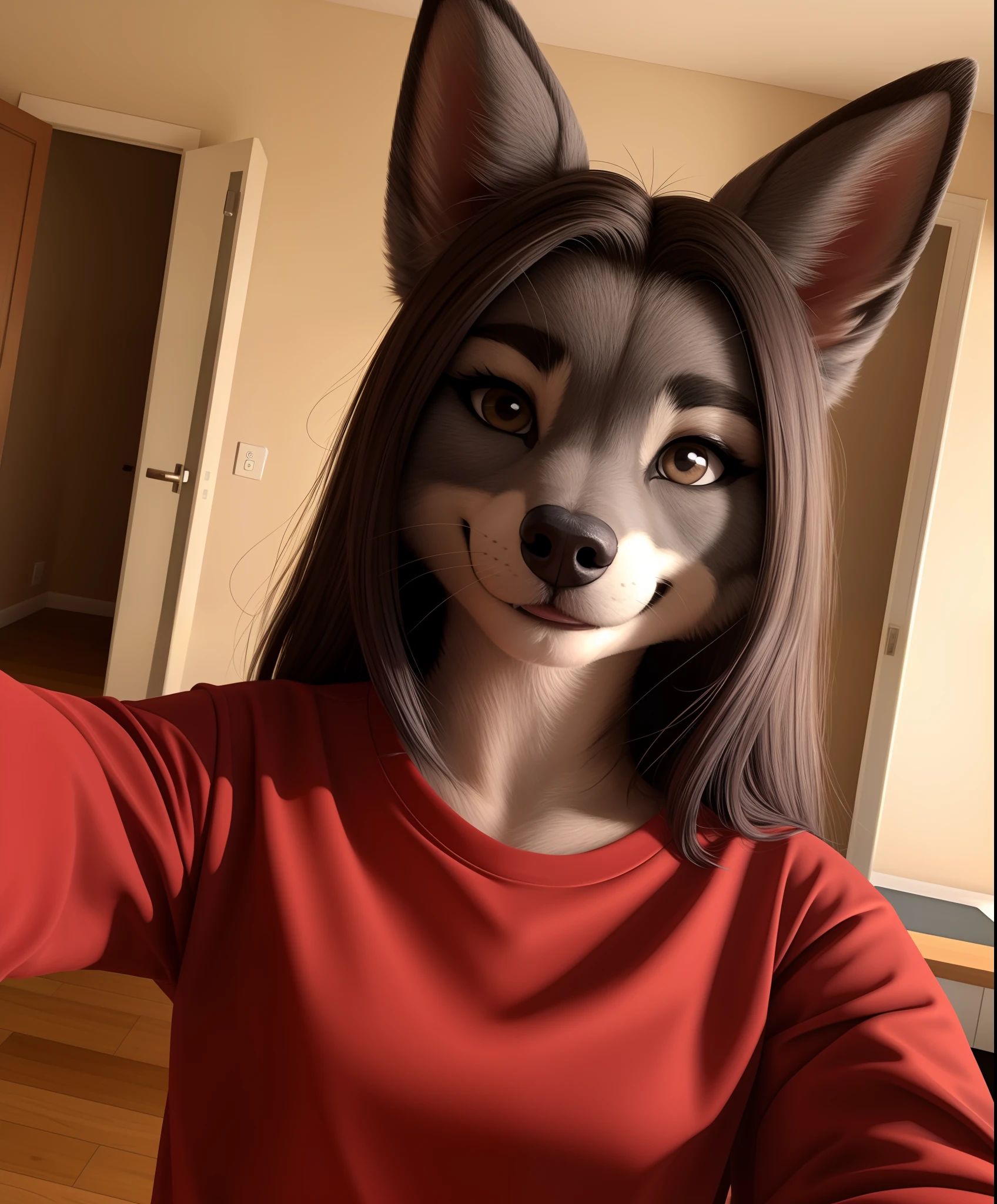 Selfie pov, Female, 22 years old, English, British, cute, eyeliner, long hair, biting lip smile, red shirt, bedroom eyes, anthro, canine, (grey fur:1.3), baggy shirt, canine ears, BREAK, indoors, 8k, hi res, (best quality, masterpiece)