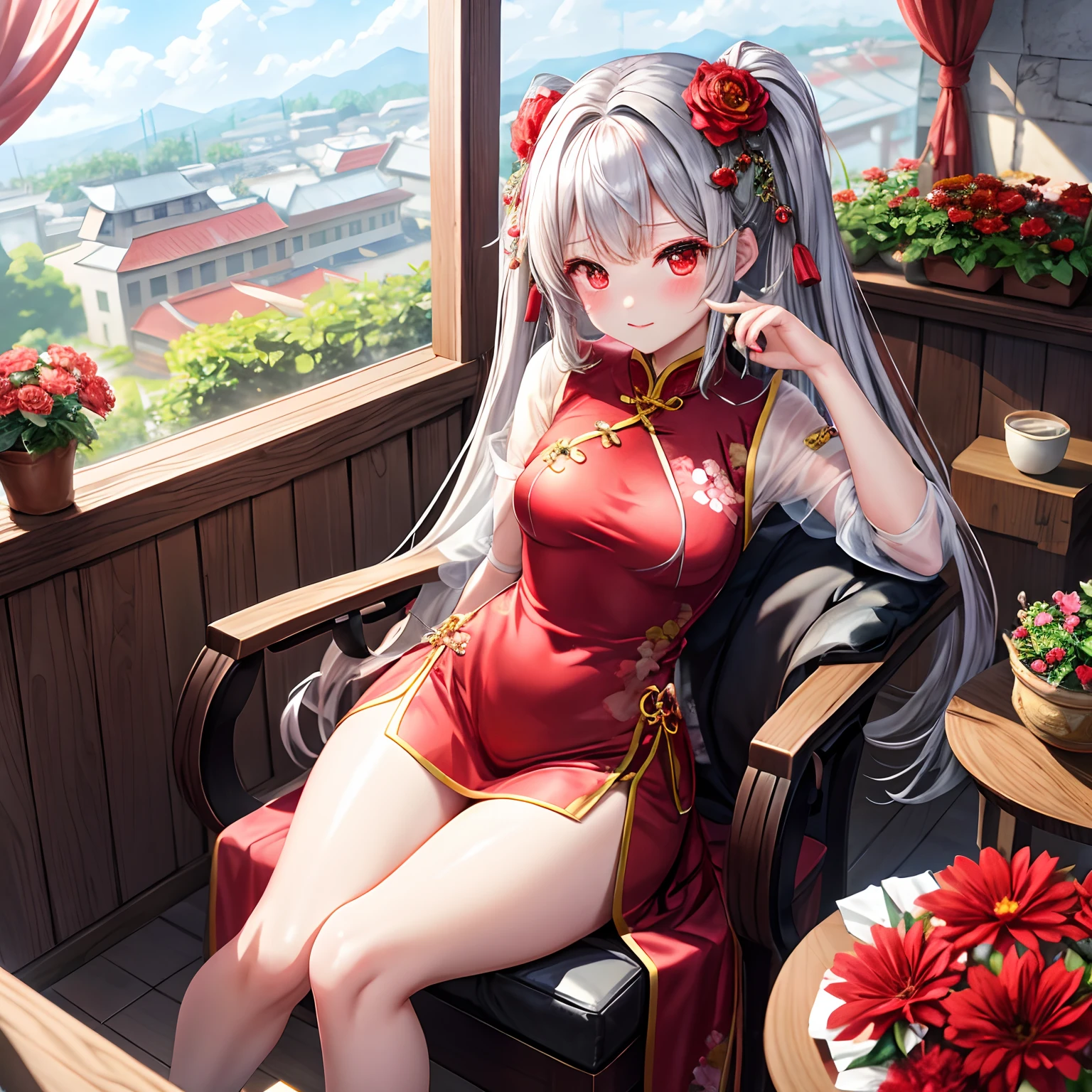 silber hair、red eyes、One pretty girl、独奏、animesque、flower field、red blush、Black cheongsam、Sitting on a chair