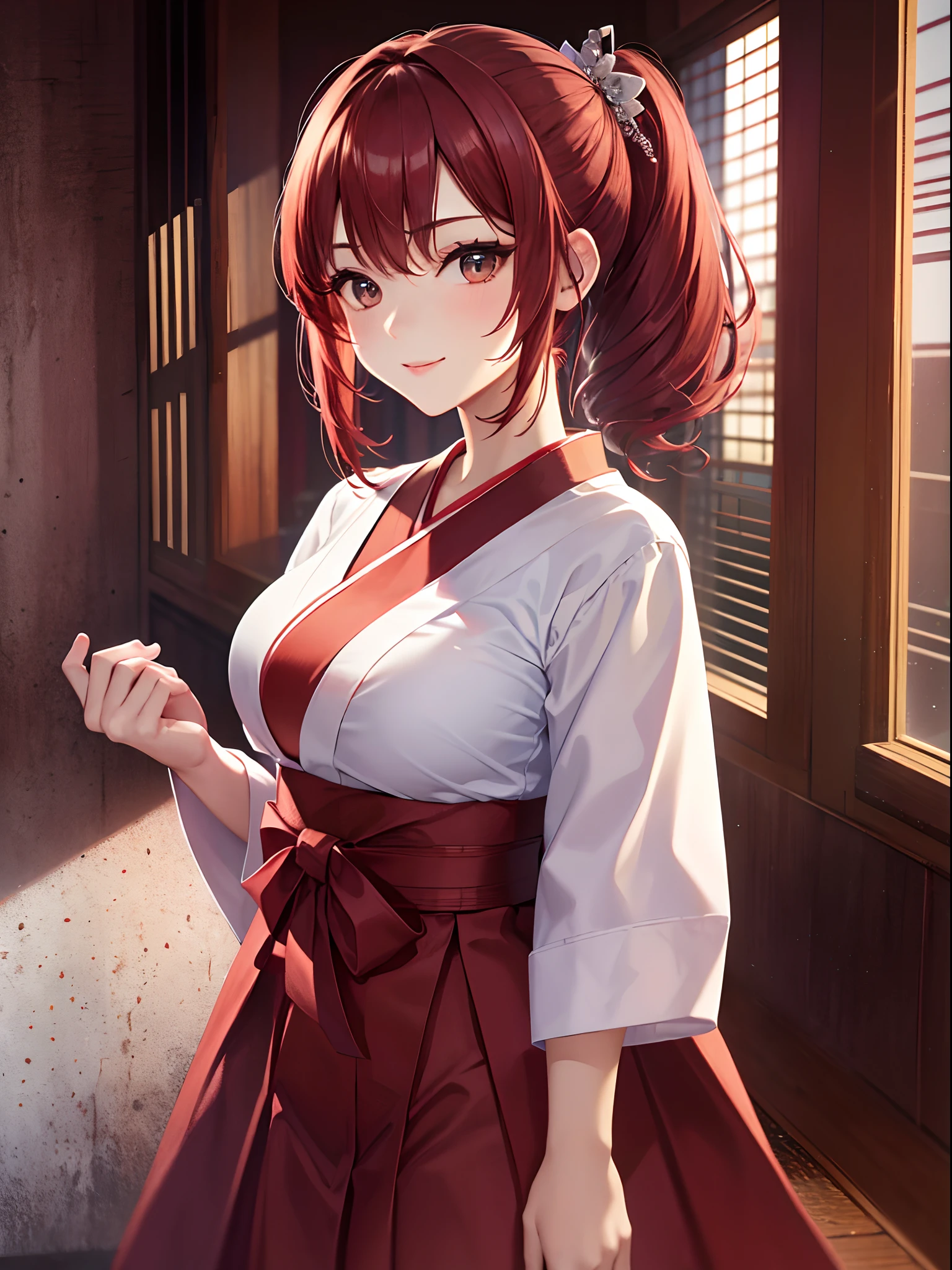 (top-quality: 1.3)、(​masterpiece: 1.3)、(The ultra-detailliert: 1.3)、(wall-paper, one girls)、([Diamonds: 1.3|The eye]:1.2)、(Perfect and beautiful red hakama:1.3)、shortsleeves、Hakama、(Red hair:1.3)、Medium Hair、poneyTail、(Beautiful Large Breasts:1.3)、dojo、ssmile、sexypose