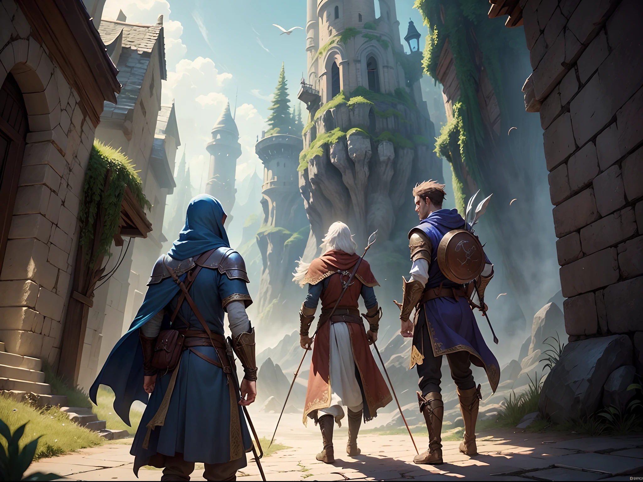 A hero, a wizard, and an archer exploring a dungeon. fantasy game world --auto