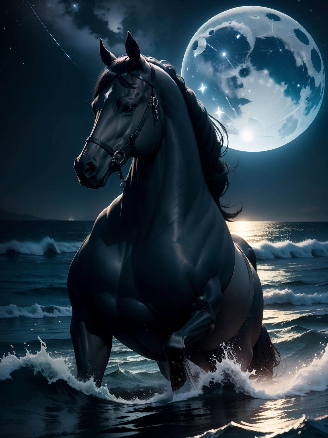 The sea, night  sky, bright moon, Horses swim, vibe,the stars