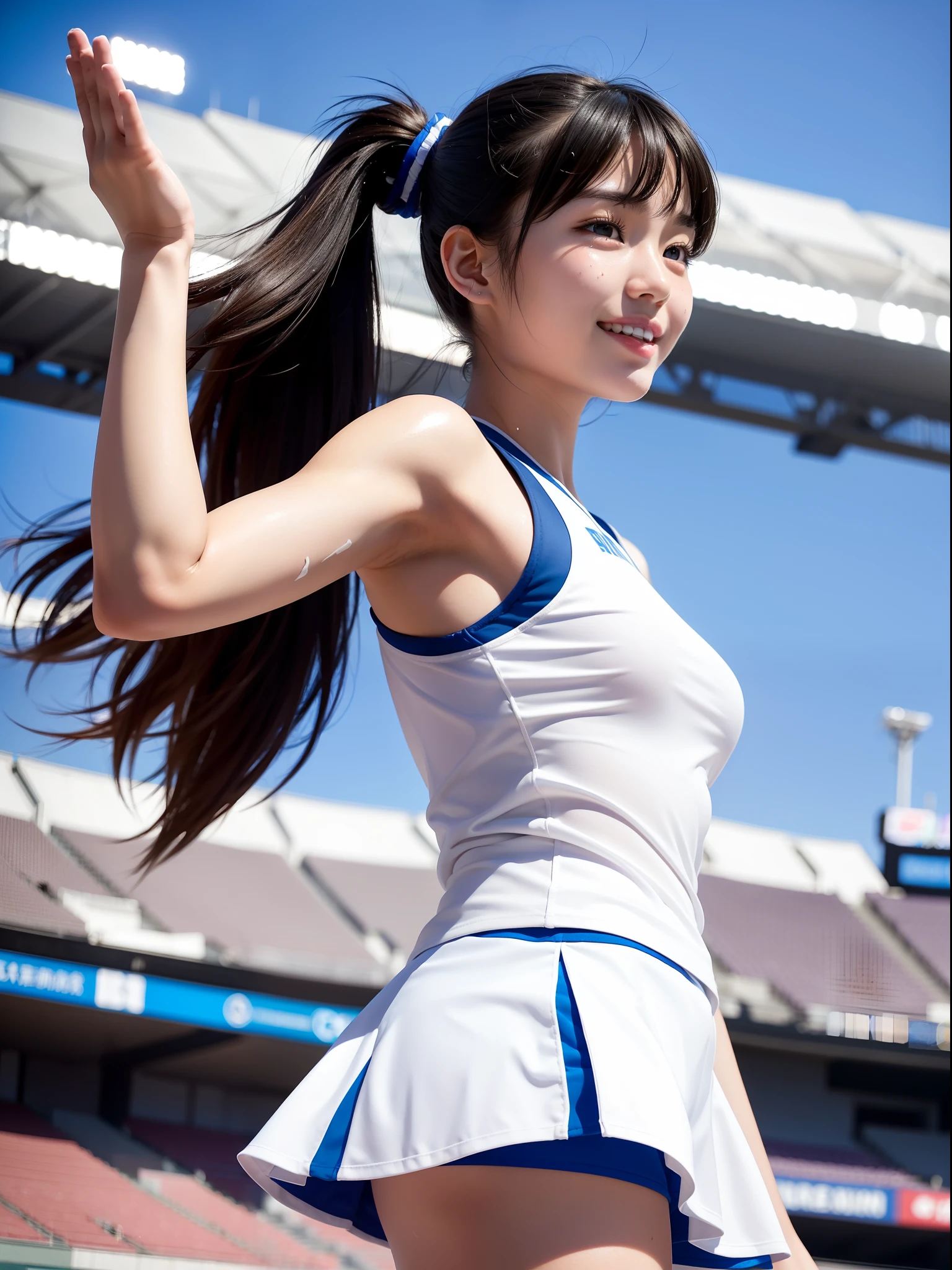 cheer girl, (Best Quality, High resolution, ultra-detailliert, photographrealistic, Perfect Anatomy, super detailed skin, Shiny skin, Dynamic lighting), 1 girl, Solo, japanaese girl, teen ager, 16 years old, Character Focus, From Side, Ponytail, Blunt bangs, Black hair, sun burn, ((Sweat)), Smile, cheer leading, arms raised in air, Stadium, to stand, crystal clear skies, Summer, Baseball games,
