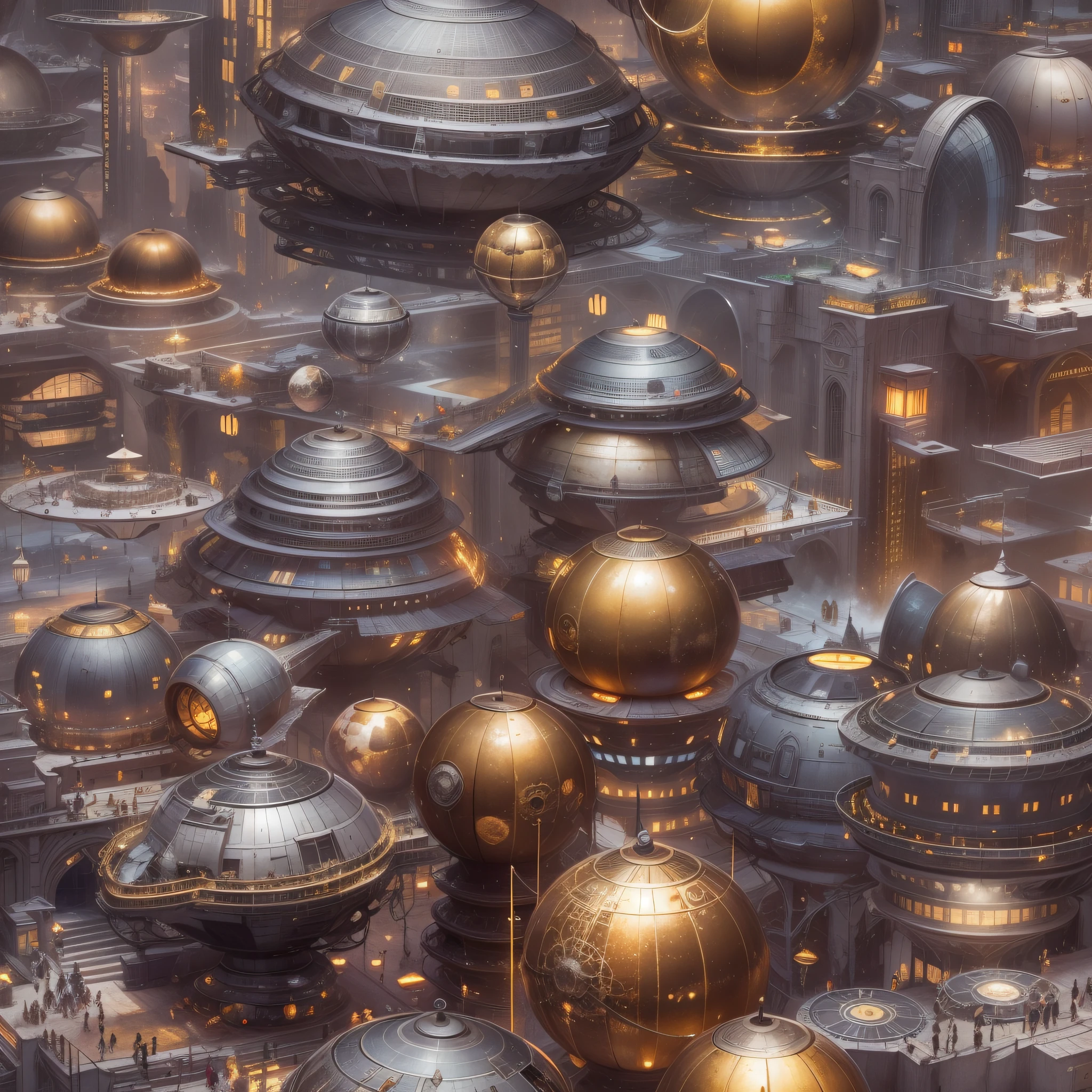en un planeta desconocido la tripulacion de una spacecraft, Stroll along its brilliant pavement observing the immense buildings of great technology and fantastic design with luminous arch colors and abundance of silver, oro y bronce en sus edificaciones.
