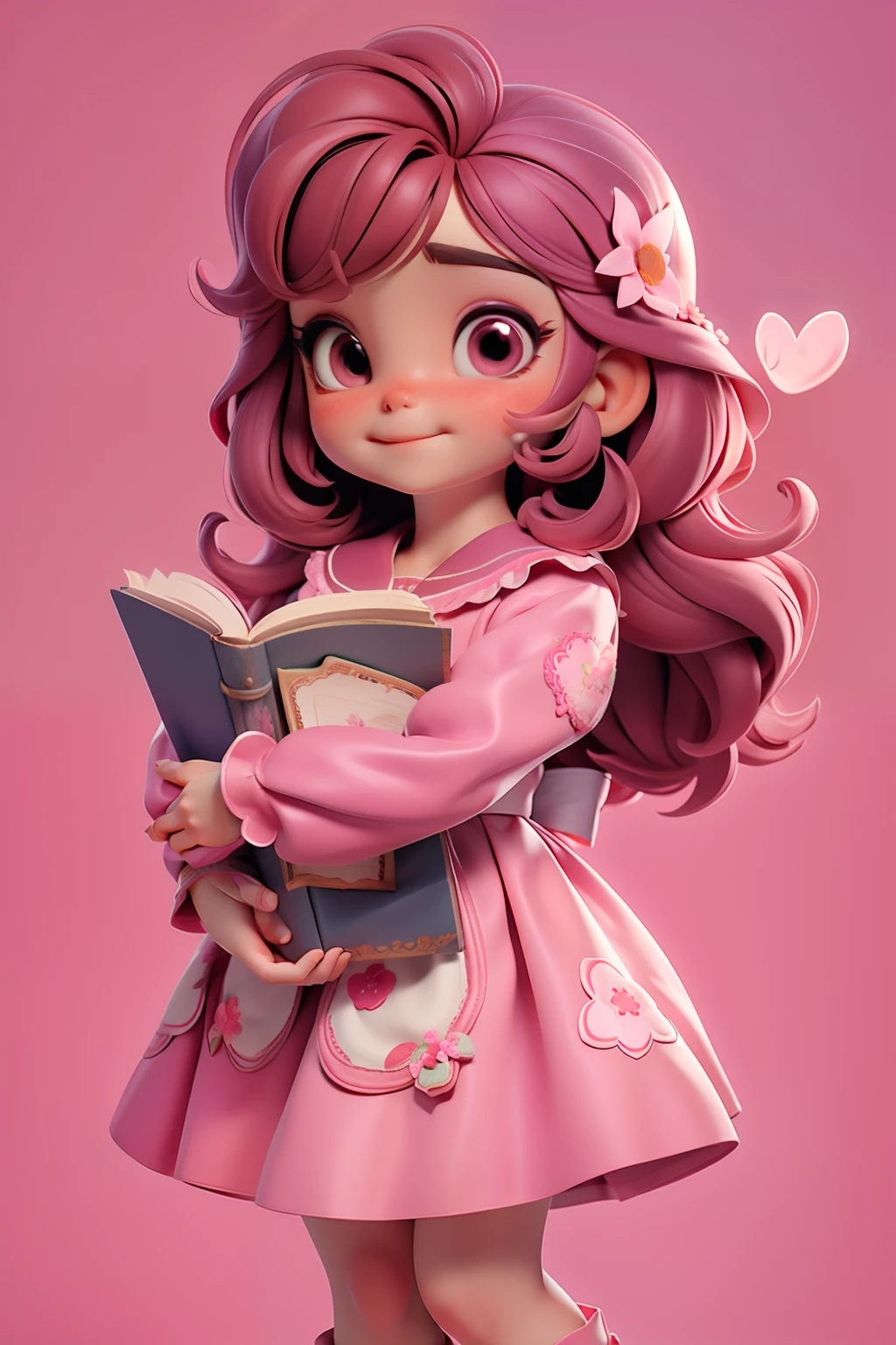 Children's story character, segurando um livro, roupa delicada rosa, flores e muito brilho