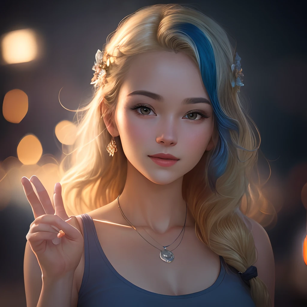 best quality, masterpiece, high_res, 1girl, hair ornament, necklace, jewelry, Beautiful face, upon body, tyndall effect, photo realistic, dark studio, rim lighting, two tone lighting, (high detailed skin:1.2), 8k uhd, dslr, soft lighting, high quality, volumetric lighting, candid, Photograph, high resolution, 4k, 8k, Bokeh, medium breasts, open fingers, (hair color:blonde:1) Blue