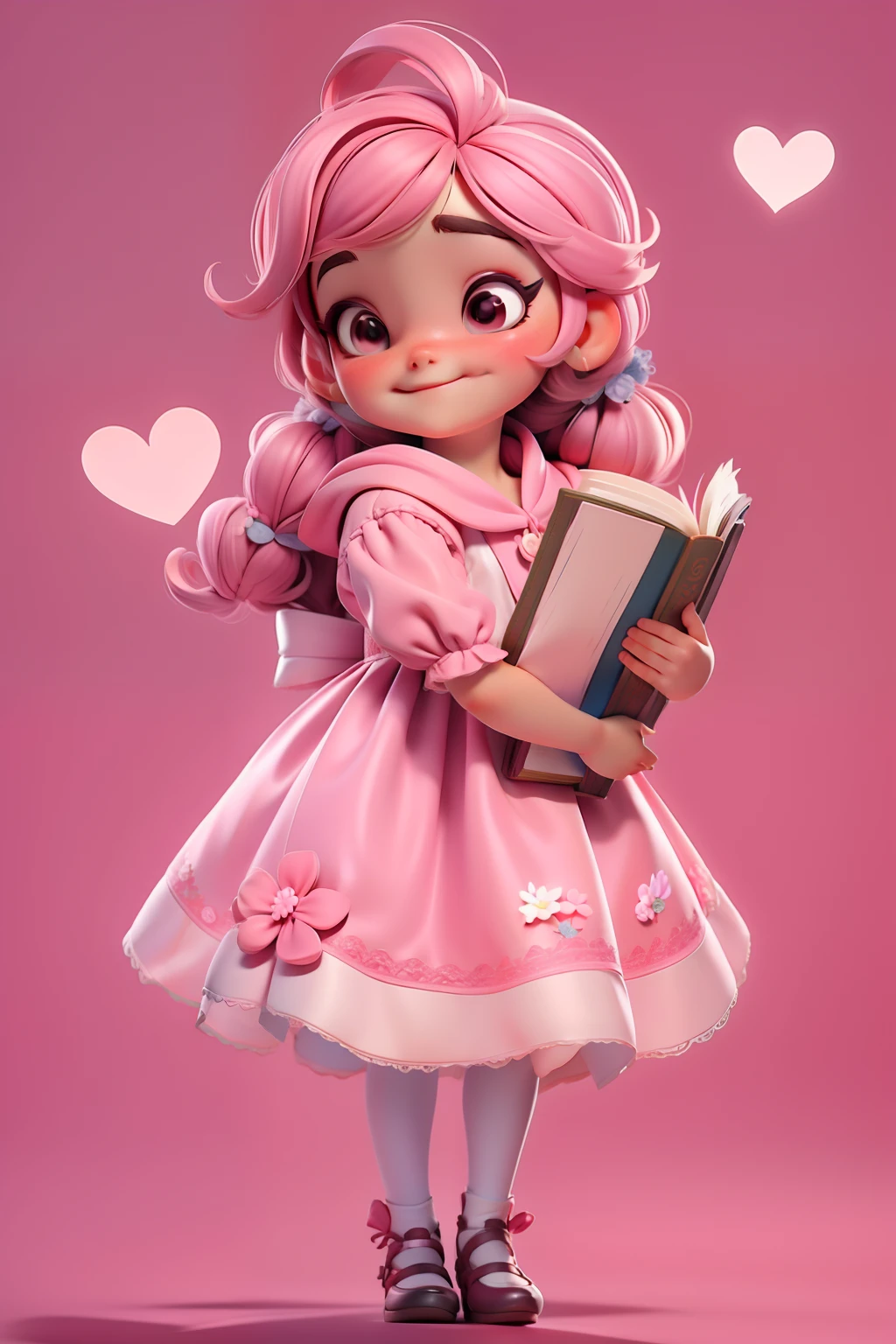 Children's story character, segurando um livro, roupa delicada rosa, flores e muito brilho