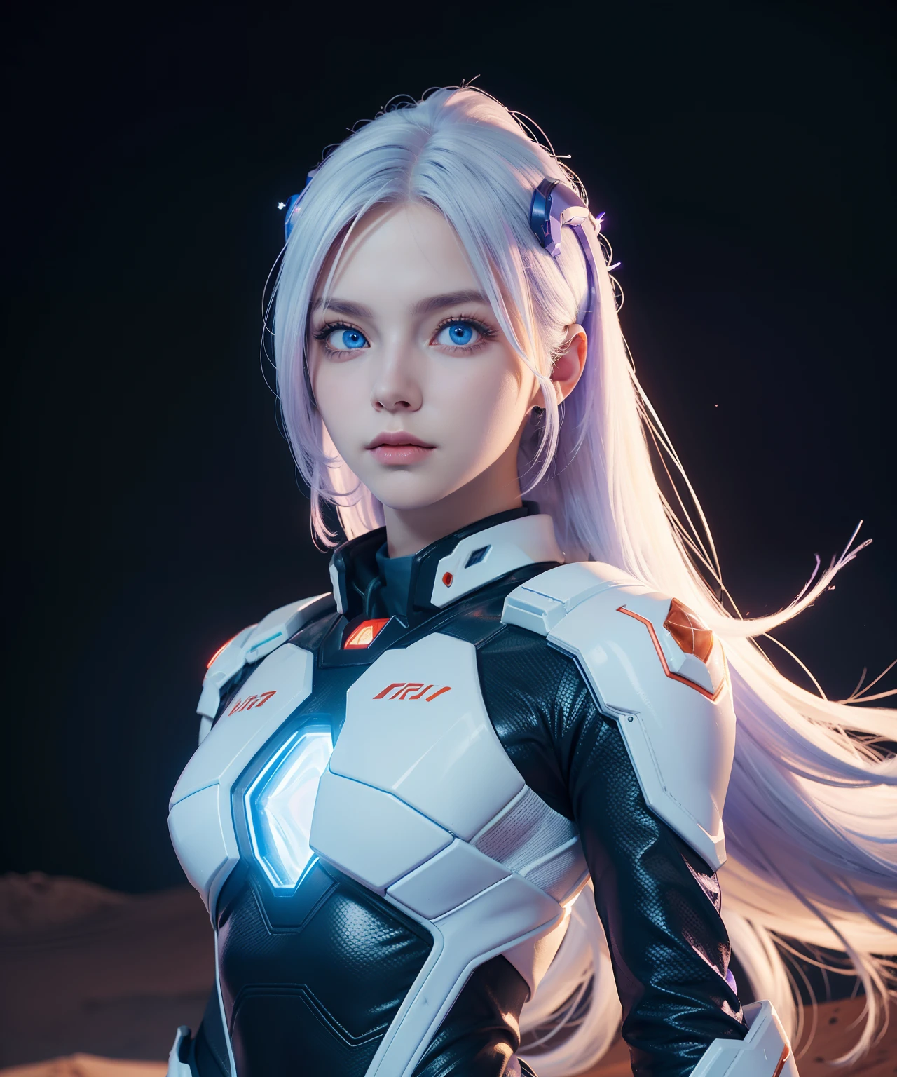 masterpiece, best quality, (depth of field:1.2), blurry background, (on mars:1.2), neon, purple star \(sky\), hero, ice mountain,upper body, 1girl, bodysuit, white hair, long hair, glowing eyes, ice blue eyes,