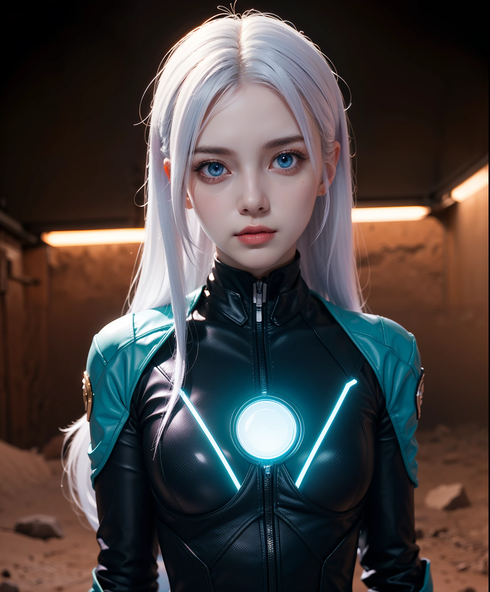 masterpiece, best quality, (depth of field:1.2), blurry background, (on mars:1.2), neon, purple star \(sky\), hero, ice mountain,upper body, 1girl, bodysuit, white hair, long hair, glowing eyes, ice blue eyes,