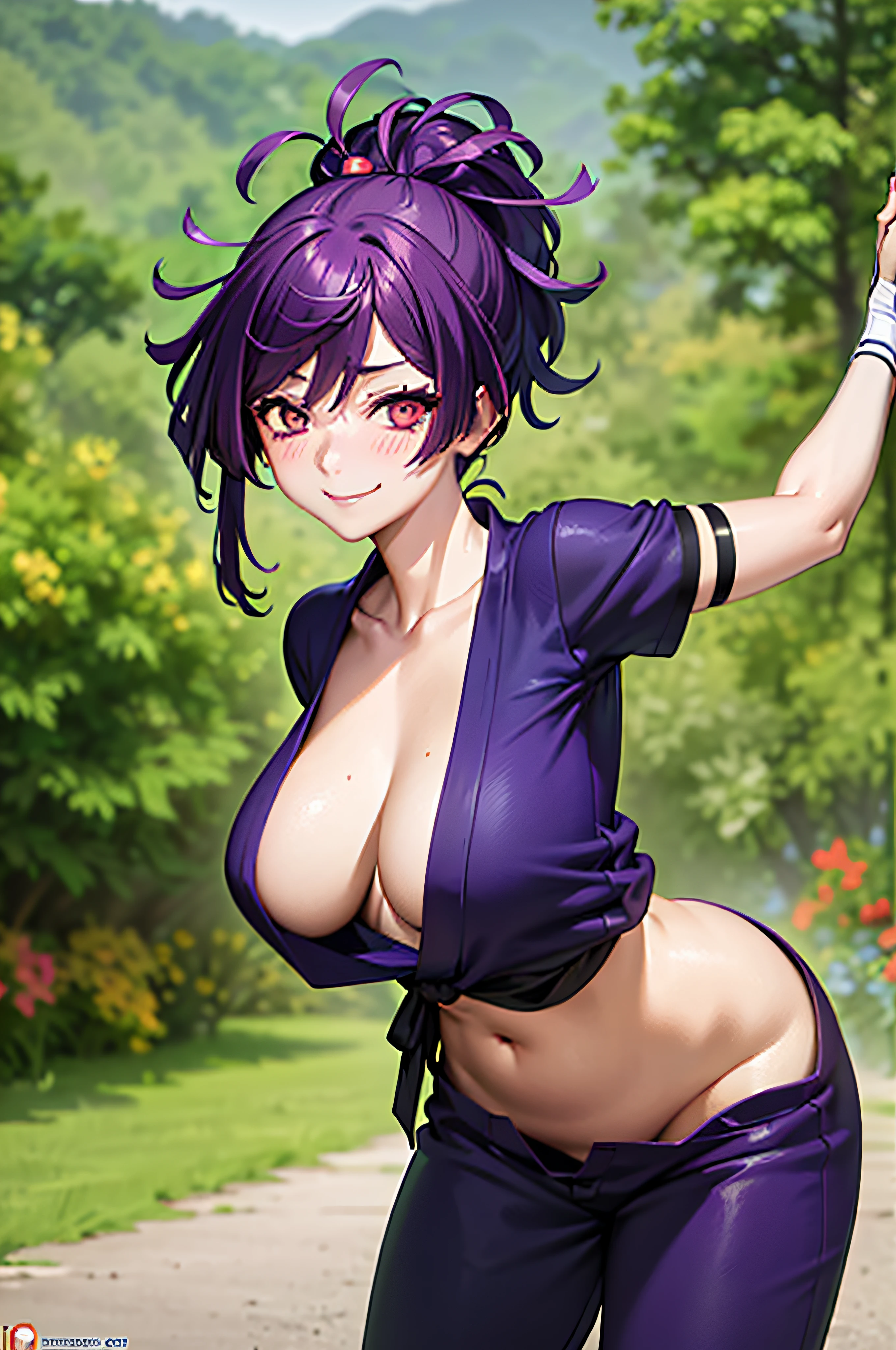 best quality, masterpiece, (leaning over:1.4),
1girl, yuzuriha_(jigokuraku), purple hair, brown eyes, ninja, open clothes, cleavage, small breasts, topknot, medium hair, breasts apart, seductive smile, pants, undressing, (blush:1.1), japanese exterior, temple,