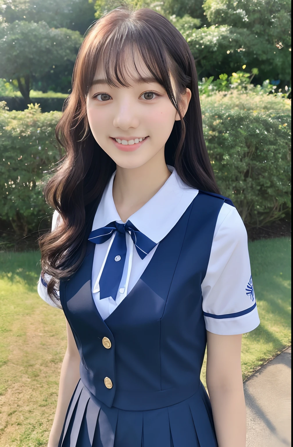 Close up portrait of woman walking in park in uniform、Japan Person Model、Young Sensual Gravure Idol、Young cute gravure idol、Realistic Young Gravure Idol、Realistic sensual gravure idol、Young gravure idols、sophisticated gravure idol、奈良美智、Young skinny gravure idol、beautifull asian girl ever、oppai、I got wet in the rain、The whole body is soaking wet、a sailor suit、4K、LDR、top-quality、masterpiece、high-detail、超A high resolution、digital photo、bangss、Film lighting、(FUJIFILM Color:1.2)portlate、wide angle view、proffesional、(a picture:1.2)、(dynamicposes:1.1)、(a closeup)、1 girl in、独奏、Smiling a little、delicated face、medium chest、wide hips、Classic wavy long hair、(FSB:1.5)、(Frosuke:1.5)、white shirt、(BREAK Black Bra)、bow ribbon、Navy blue pleated skirt、 校服, a school bag, shortsleeves, bangss, outside of house, Skysky, shirt with collar, 鎖骨, blured background, Look to the side, Skysky, dress shirts, blue open sky, clouds