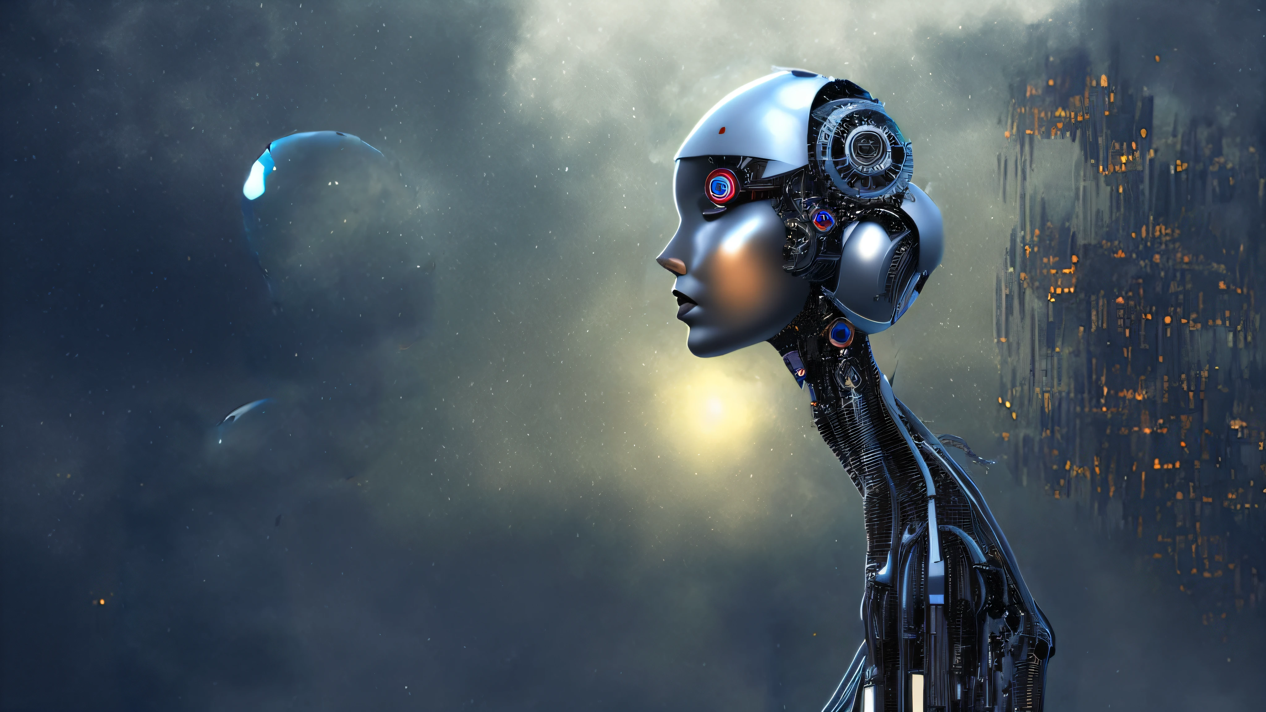 Androide feminino de perfil, rosto aterrorizado, capacete de metal, metal parts on the face, pele marmorizada em tom de pele, robot body trunk, foto realista, finos detalhes, olhar de medo da androide