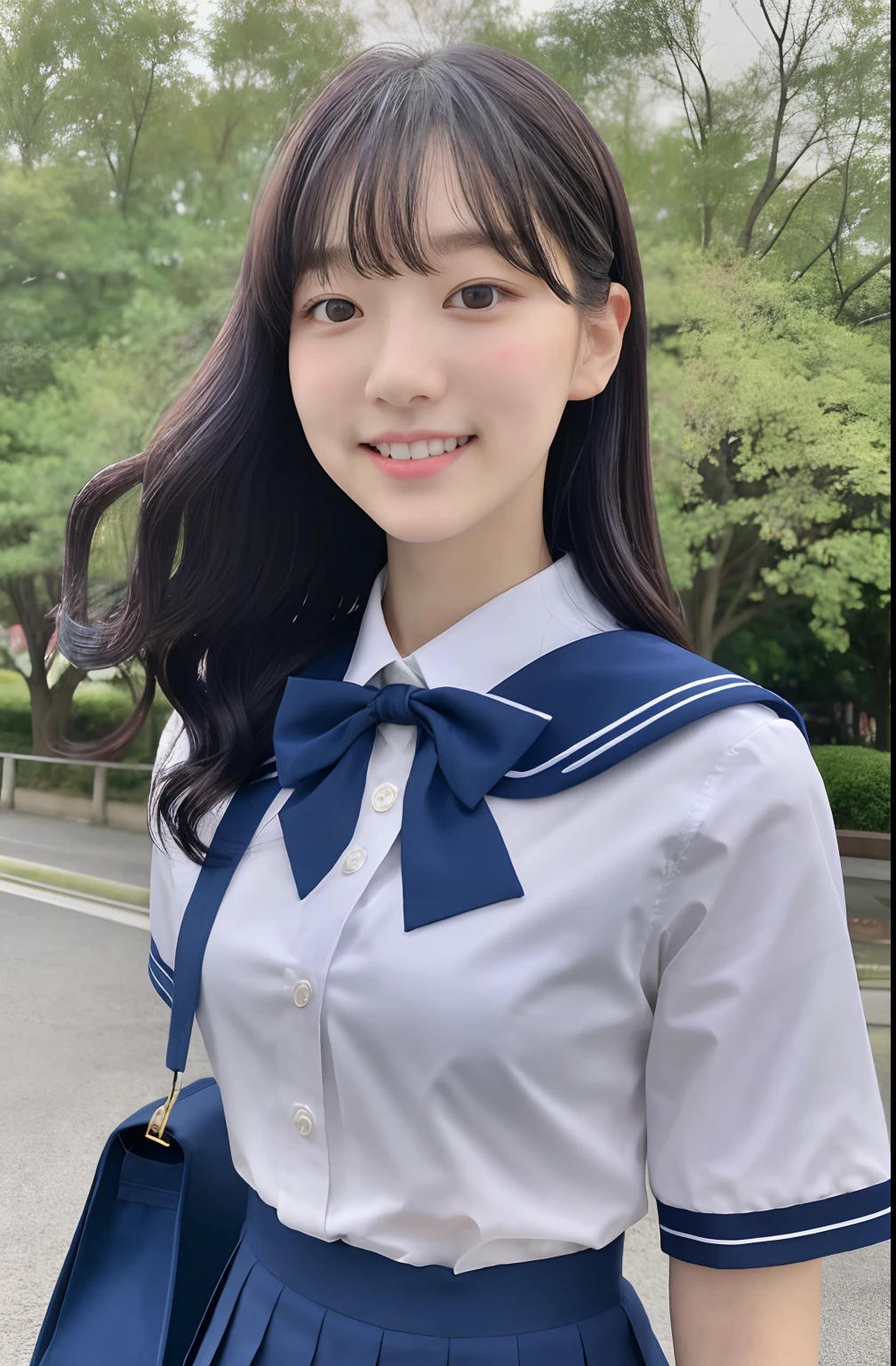 Close up portrait of woman walking in park in uniform、Japan Person Model、Young Sensual Gravure Idol、Young cute gravure idol、Realistic Young Gravure Idol、Realistic sensual gravure idol、Young gravure idols、sophisticated gravure idol、奈良美智、Young skinny gravure idol、beautifull asian girl ever、oppai、I got wet in the rain、The whole body is soaking wet、a sailor suit、4K、LDR、top-quality、masterpiece、high-detail、超A high resolution、digital photo、bangss、Film lighting、(FUJIFILM Color:1.2)portlate、wide angle view、proffesional、(a picture:1.2)、(dynamicposes:1.1)、(a closeup)、1 girl in、独奏、Smiling a little、delicated face、medium chest、wide hips、Classic wavy long hair、(FSB:1.5)、(Frosuke:1.5)、white shirt、(BREAK Black Bra)、bow ribbon、Navy blue pleated skirt、 校服, a school bag, shortsleeves, bangss, outside of house, Skysky, shirt with collar, 鎖骨, blured background, Look to the side, Skysky, dress shirts, blue open sky, clouds