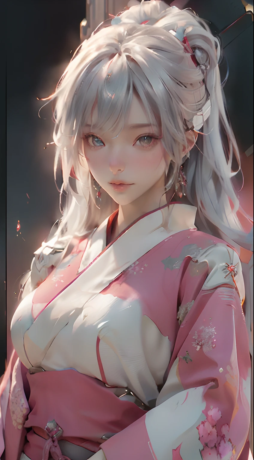 firework at sky, (sky firework as background:1.2), walking around Japan summer festival, (light red color kimono:1.3), (Best Quality), ((Masterpiece), (Detail: 1.4), 3D, A Beautiful Cyberpunk Woman, HDR (High Dynamic Range), Ray Tracing, NVIDIA RTX, Super-Resolution, Unreal 5, Subsurface Scattering, PBR Textures, Post-Processing, Anisotropic Filtering, Depth of Field, Maximum Sharpness and Clarity, Multi-layer Textures, Albedo and Highlight Maps, Surface Shading, Exact simulation of light-material interactions, perfect proportions, Octane Render, bicolor light, large aperture, low ISO, white balance, rule of thirds, 8K RAW, close-up of a woman with very long hair and a very large body, perfect anime robot woman, anime robot with organic mix, best anime 4K konachan wallpaper, detailed digital anime art, beautiful girl cyborg, portrait of cyborg queen, cyborg - silver girl, biomechanics oppai, Digital cyberpunk anime art