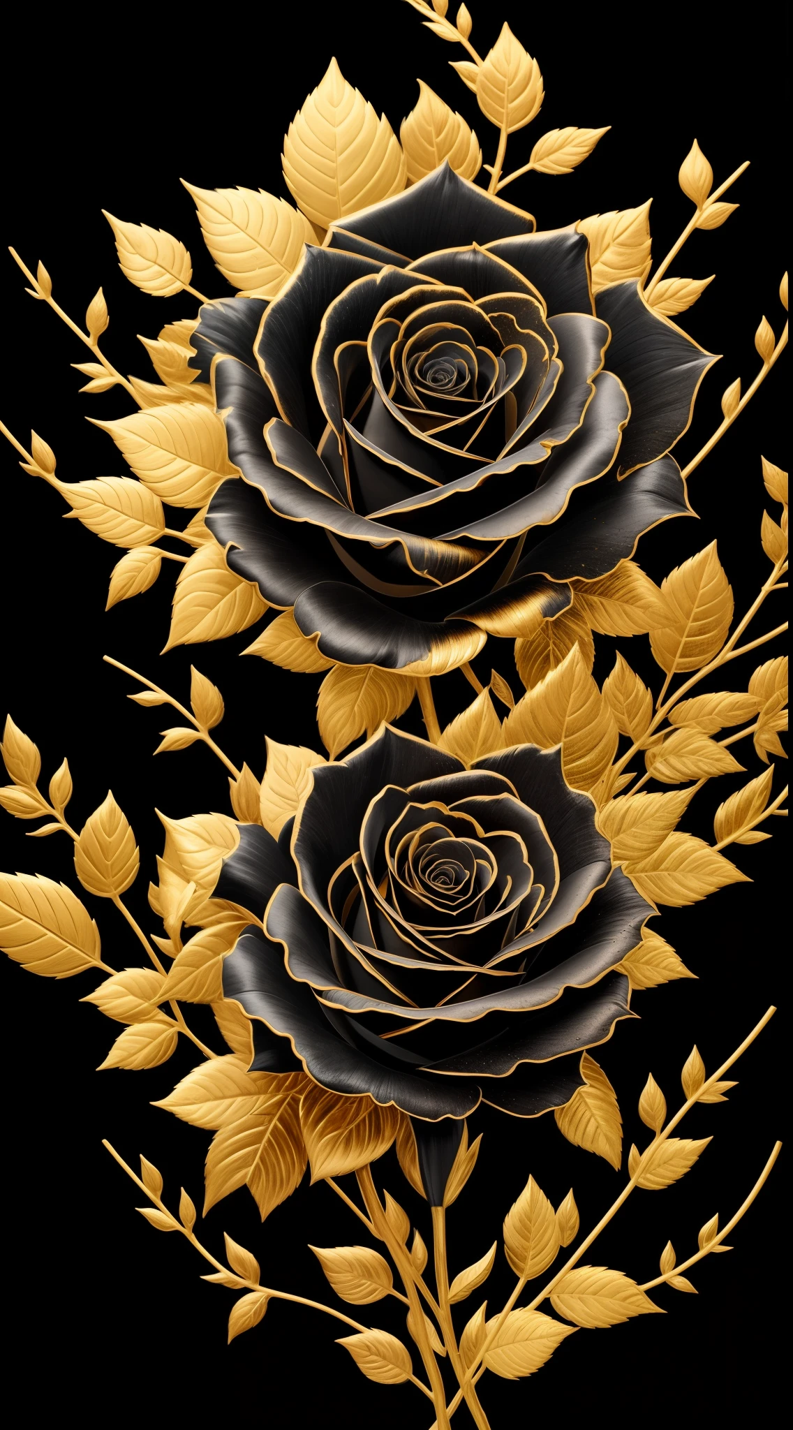 a close up of a black rose with gold leaves on a black background, she is the queen of black roses, black rose, black and gold rich color, black roses, inspired by Hedi Xandt, black and gold, by Hedi Xandt, black and gold colors, gold and black metal, carbon black and antique gold, dark and intricate