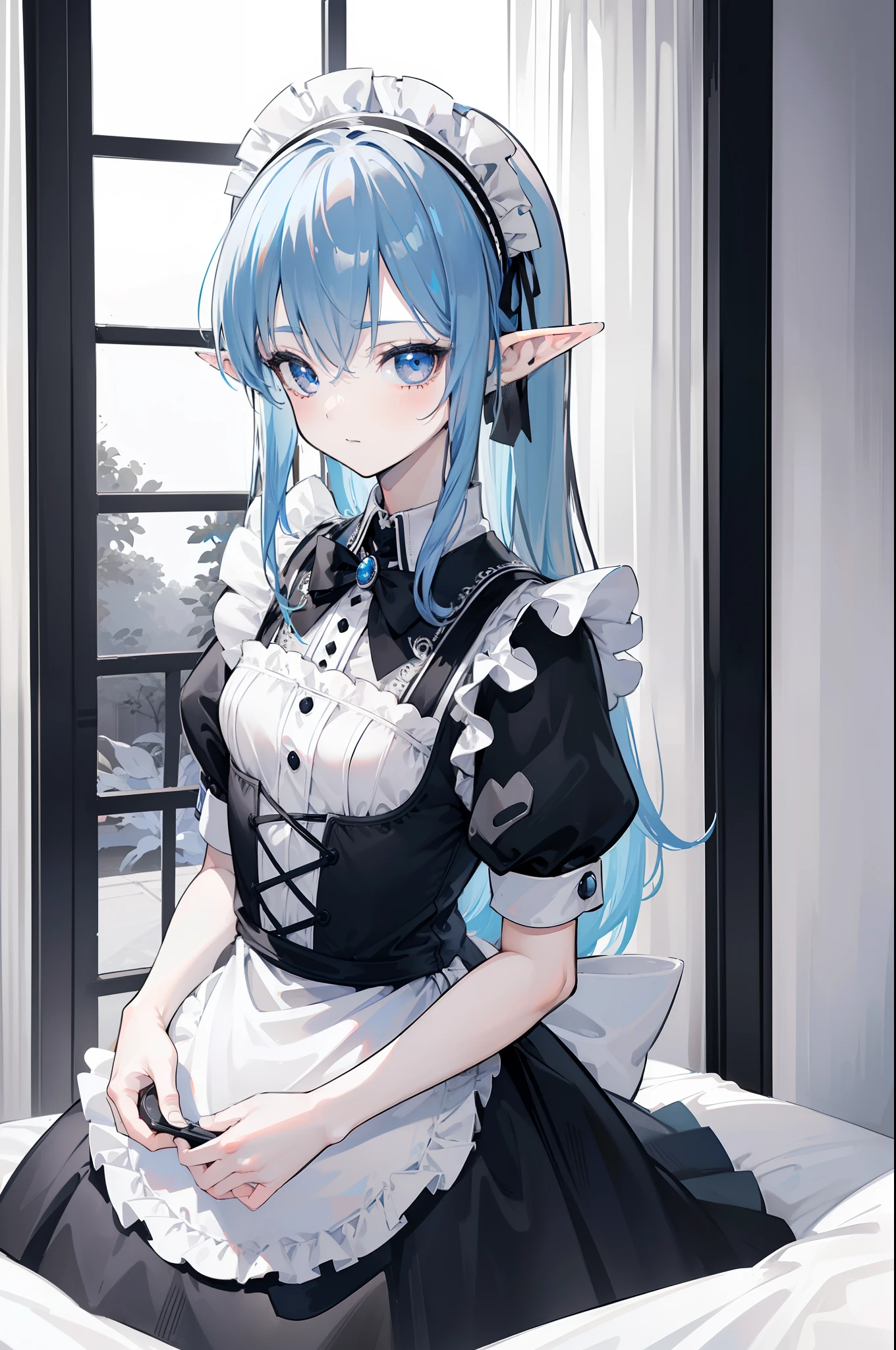 woman with blue hair, ((elf ears)), slight smile, slight blush, long hair, (extremely detailed face), full body, (looking into camera), (realistic camera angle), in bedroom, (((small black and white maid ourtfit))), small skirt, (((masterpiece))), (((ultra high quality, 8k)))