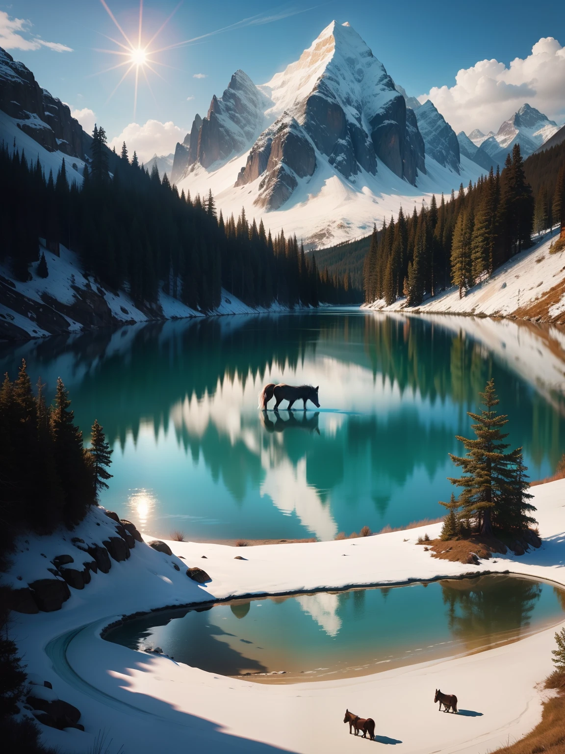 Blue Lake,mountains,Horse, Foals, sun,wolves