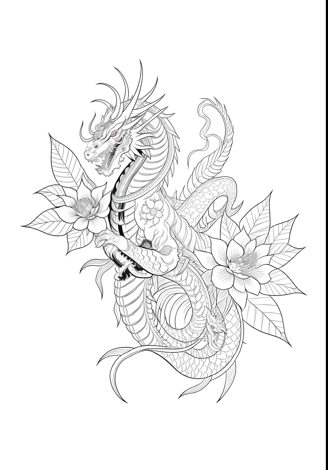 a drawing of a japanese dragon with flowers on it, line drawing tattoos, coloring book outline, Inspired by Ryūkōsai Jokei, oni mask, detailed line art, demon samurai mask, illustration black outlining, inspired by Tōshūsai Sharaku, line art illustration, tattoo design sketch, inspired by Kawanabe Kyōsai