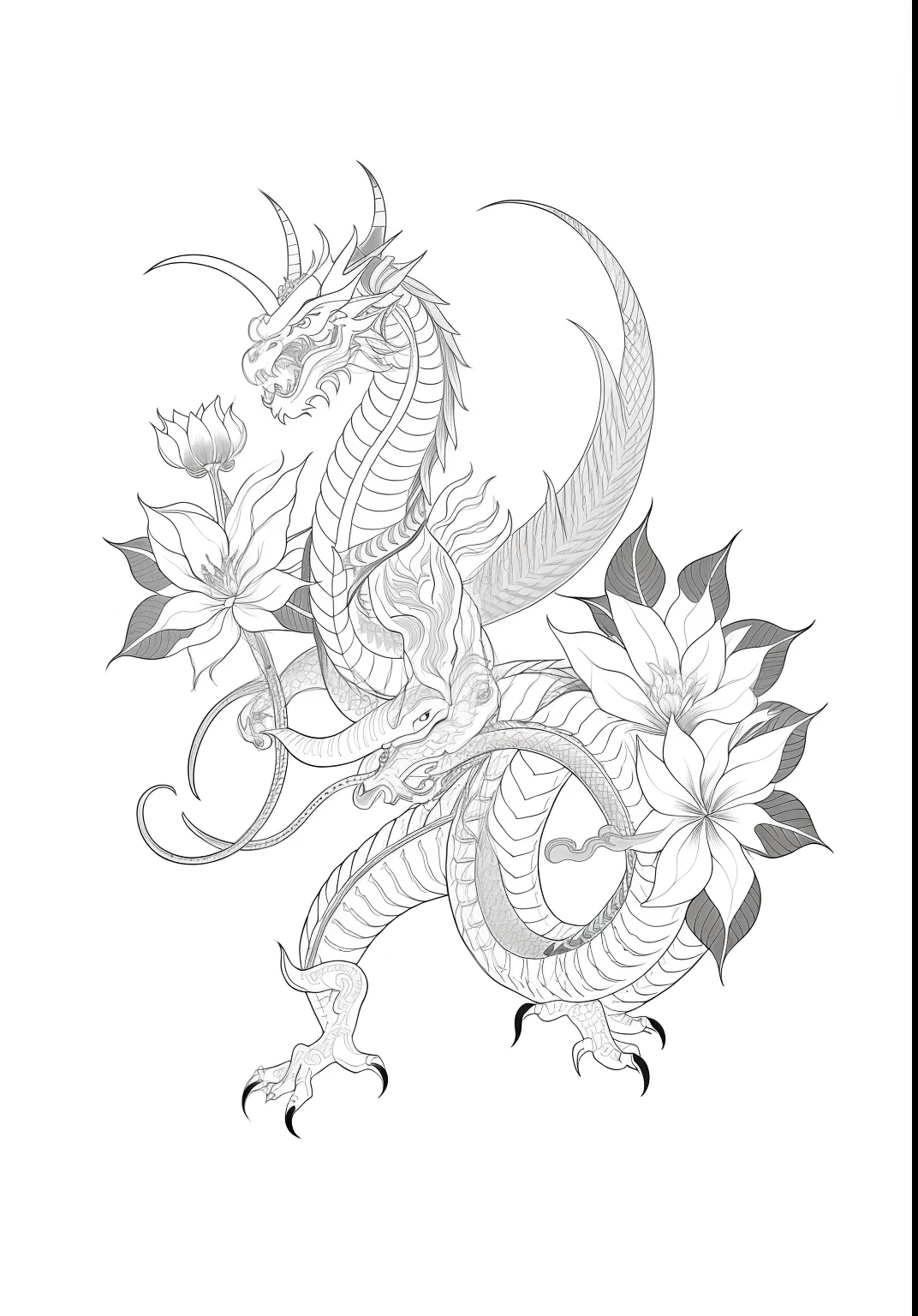 a drawing of a japanese dragon with flowers on it, line drawing tattoos, coloring book outline, Inspired by Ryūkōsai Jokei, oni mask, detailed line art, demon samurai mask, illustration black outlining, inspired by Tōshūsai Sharaku, line art illustration, tattoo design sketch, inspired by Kawanabe Kyōsai