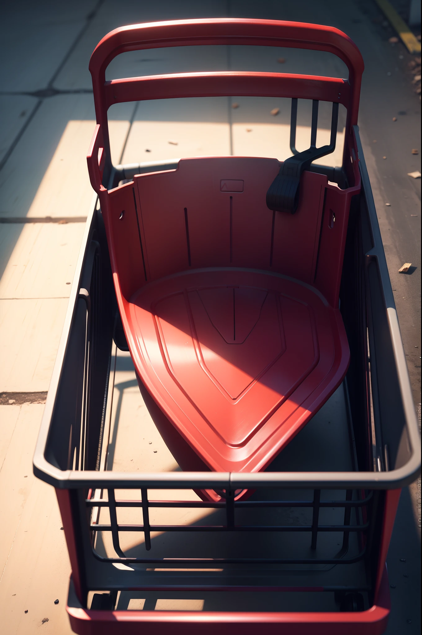 shopping cart with small red object in empty space, ultra realistic, ultra detailed, 8k, photorealistic, highly detailed, cinematographic