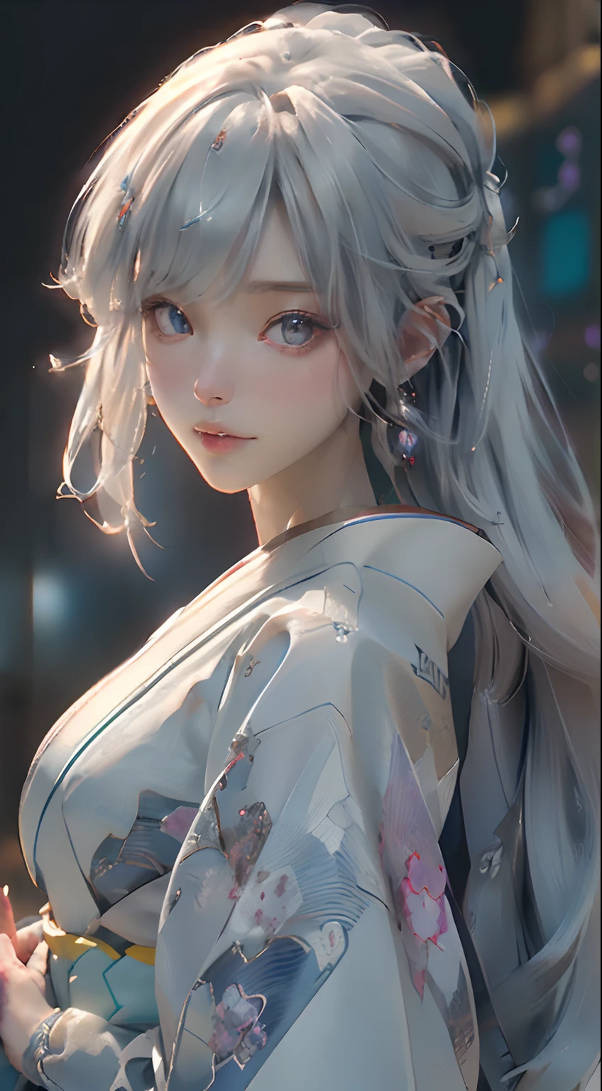 firework at sky, (sky firework as background:1.2), walking around Japan summer festival, (light blue color kimono:1.3), (Best Quality), ((Masterpiece), (Detail: 1.4), 3D, A Beautiful Cyberpunk Woman, HDR (High Dynamic Range), Ray Tracing, NVIDIA RTX, Super-Resolution, Unreal 5, Subsurface Scattering, PBR Textures, Post-Processing, Anisotropic Filtering, Depth of Field, Maximum Sharpness and Clarity, Multi-layer Textures, Albedo and Highlight Maps, Surface Shading, Exact simulation of light-material interactions, perfect proportions, Octane Render, bicolor light, large aperture, low ISO, white balance, rule of thirds, 8K RAW, close-up of a woman with very long hair and a very large body, perfect anime robot woman, anime robot with organic mix, best anime 4K konachan wallpaper, detailed digital anime art, beautiful girl cyborg, portrait of cyborg queen, cyborg - silver girl, biomechanics oppai, Digital cyberpunk anime art