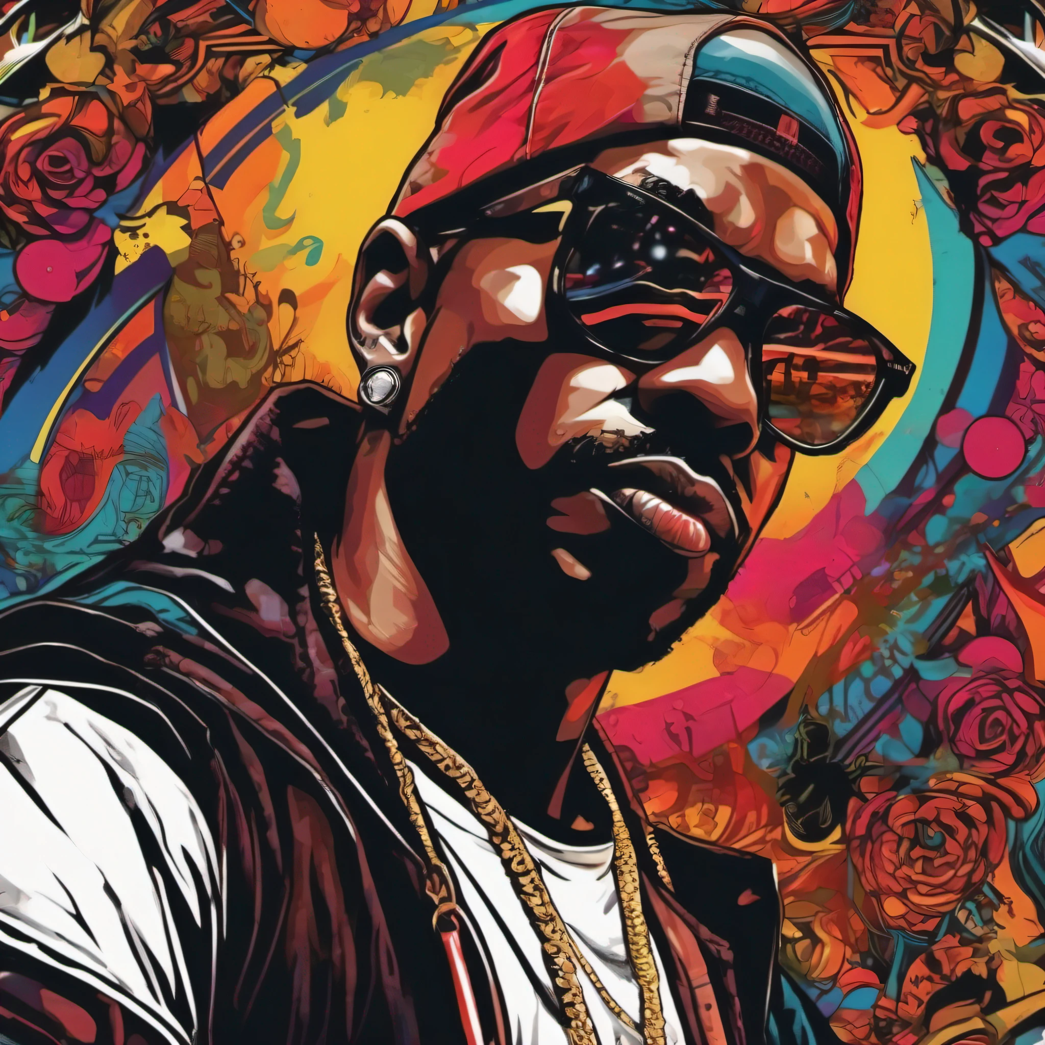 arte da camiseta, 2D, ((fundo preto :1, 5)), vetor, vivid colors, personagem COM roupa ESTILO hip hop, melhor qualidade, detalhes intrincados, Realistic details, luz de aro, cinematic shading, Greg Rutkowisk, Funny character, coelho