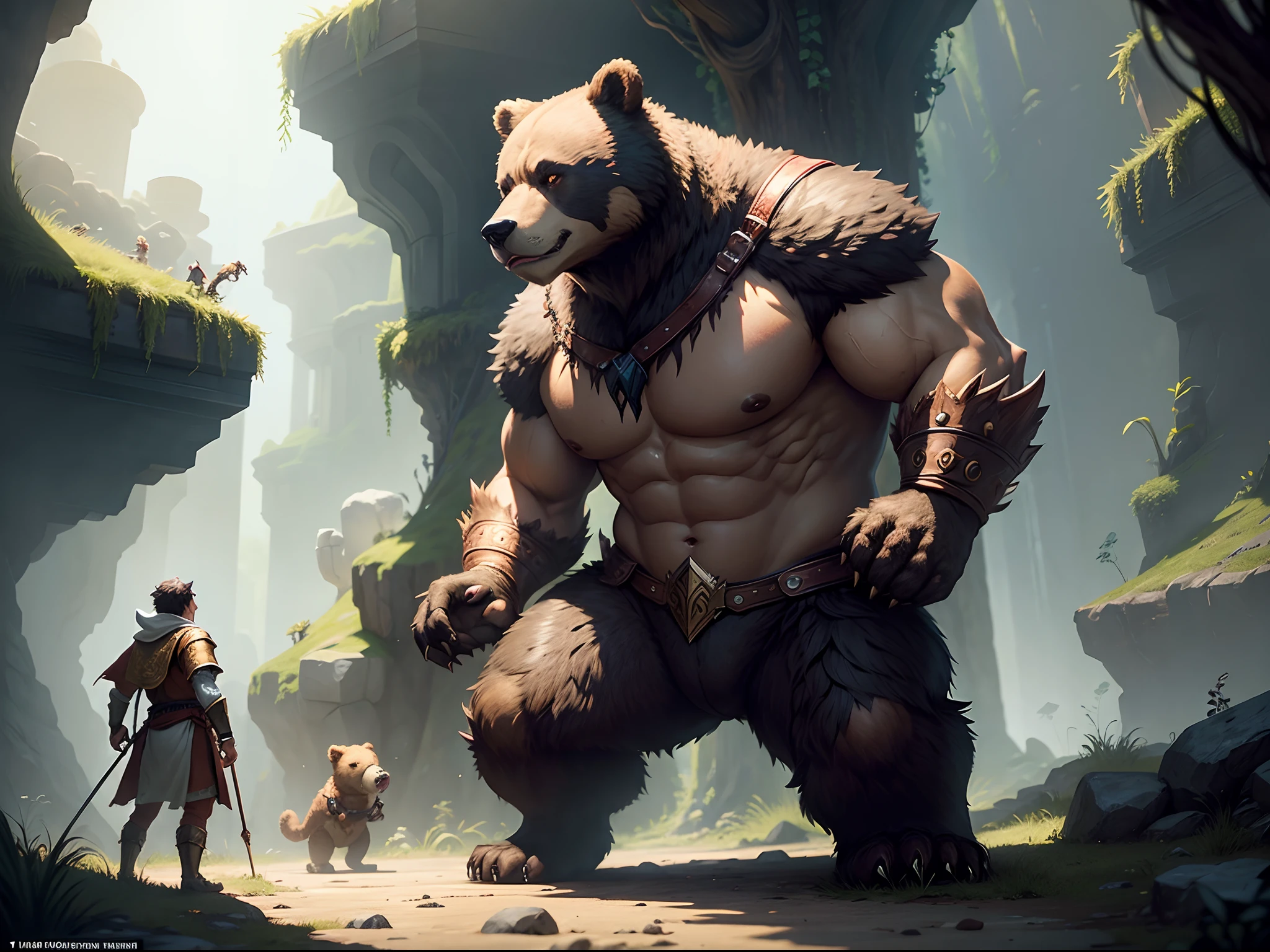 A ferocious bear monster appeared in front of the hero, the wizard, and the archer who were exploring the dungeon. fantasy game world