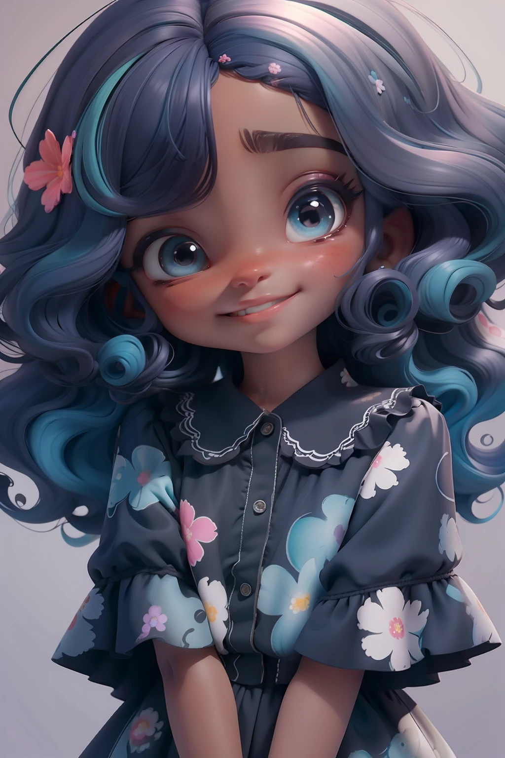 Loli menina negra, roupa floral em aquarela , menina meiga, olhos delicados, cabelo colorido, sorriso delicado, fundo simples e branco