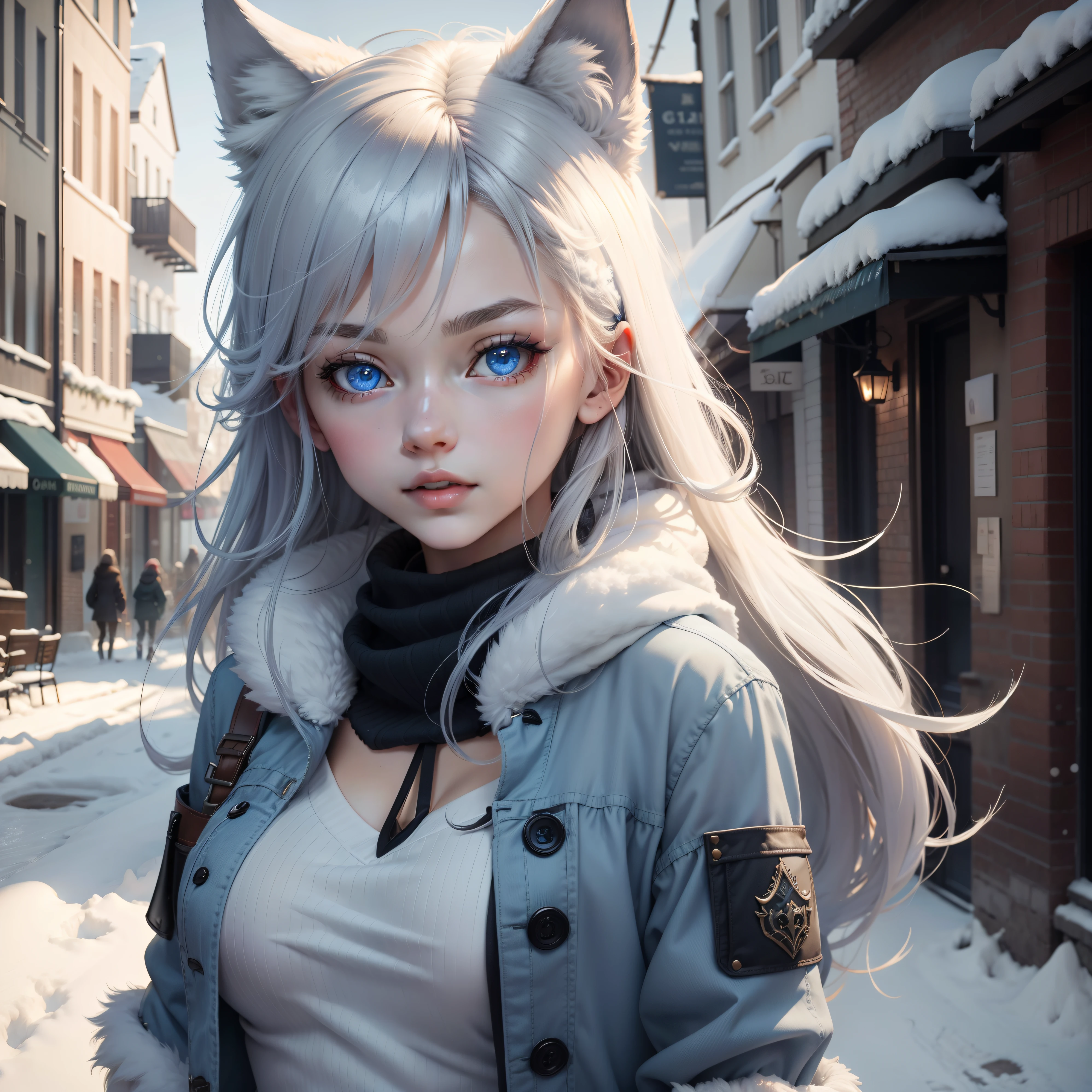 Wolf girl with blue eyes winter street back upper body