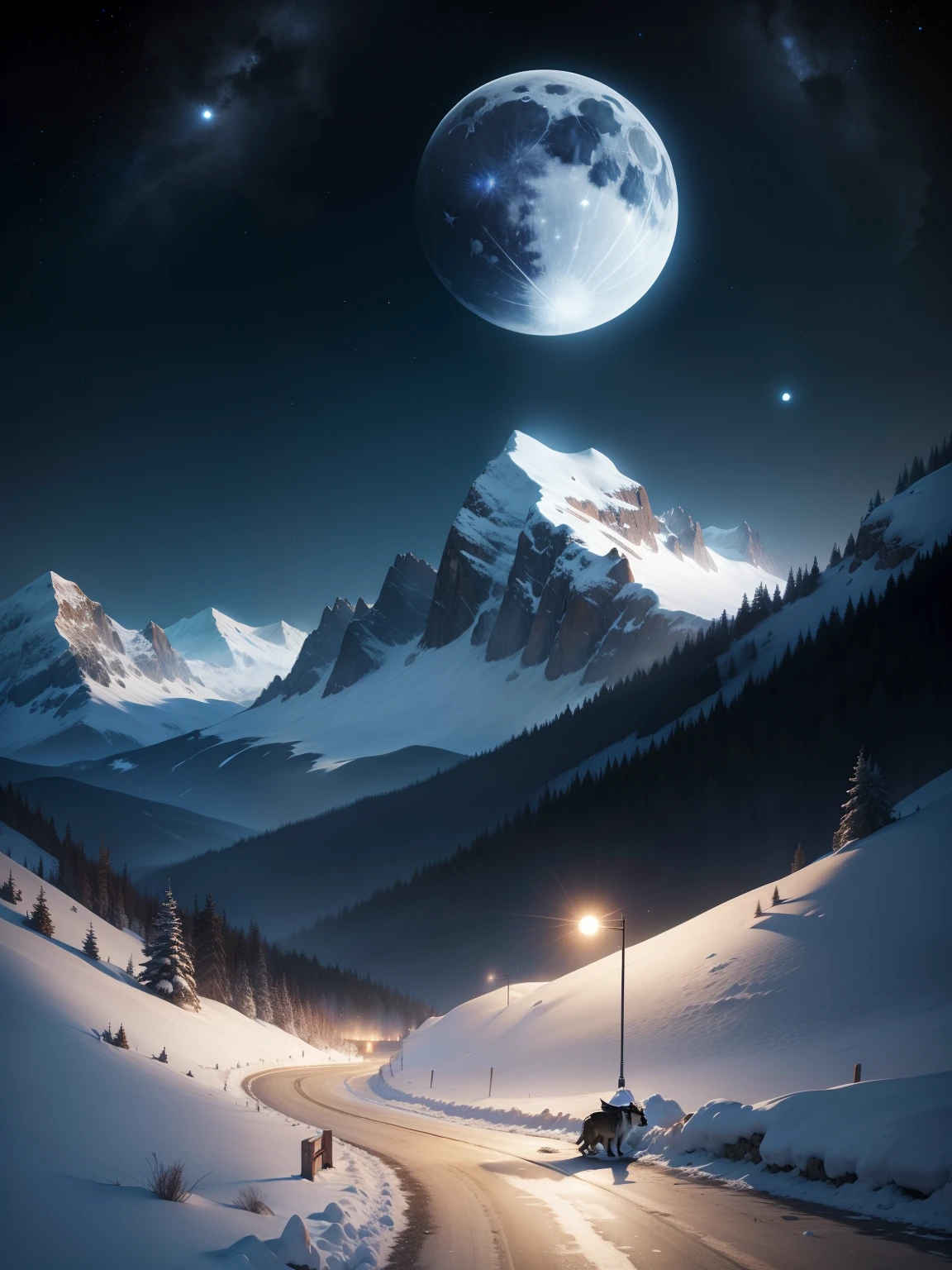 mountains, the night, wolves,bright moon,The stars twinkle