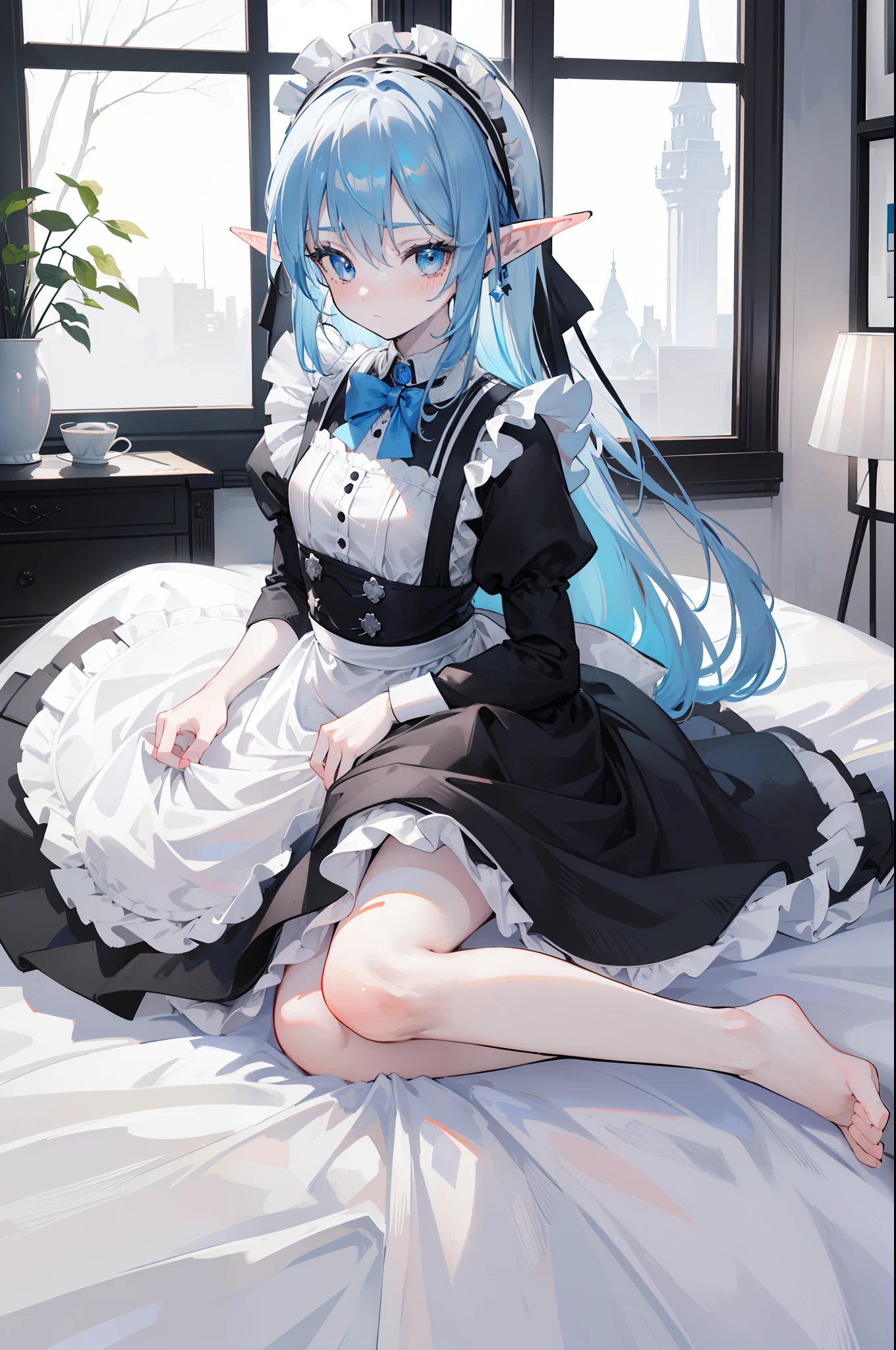 woman with blue hair, ((elf ears)), slight smile, slight blush, long hair, (extremely detailed face), full body, (looking into camera), (realistic camera angle), in bedroom, (((small black and white maid ourtfit))), small skirt, (((masterpiece))), (((ultra high quality, 8k)))