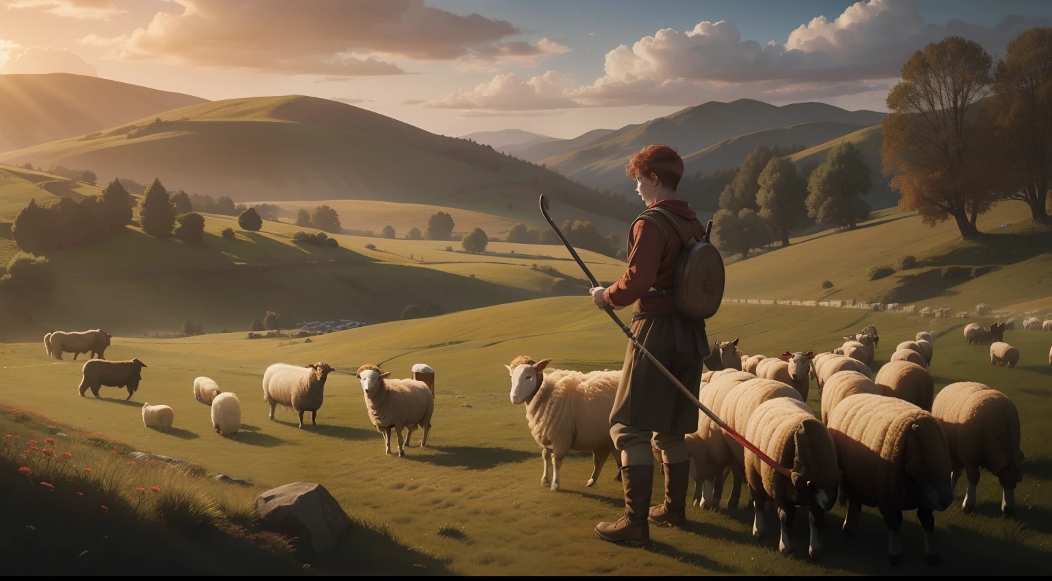 a young shepherd boy, red-haired sheep shepherd boy, with a staff in his hands, taking care of sheep, countryside background scenery, evening lighting, children's digital drawing, super realistic
