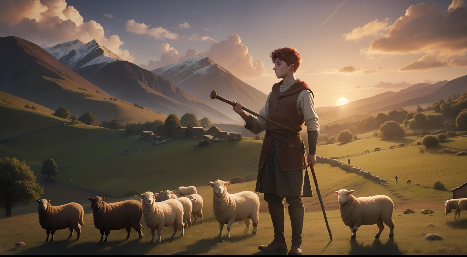 a young shepherd boy, red-haired sheep shepherd boy, with a staff in his hands, taking care of sheep, countryside background scenery, evening lighting, children's digital drawing, super realistic