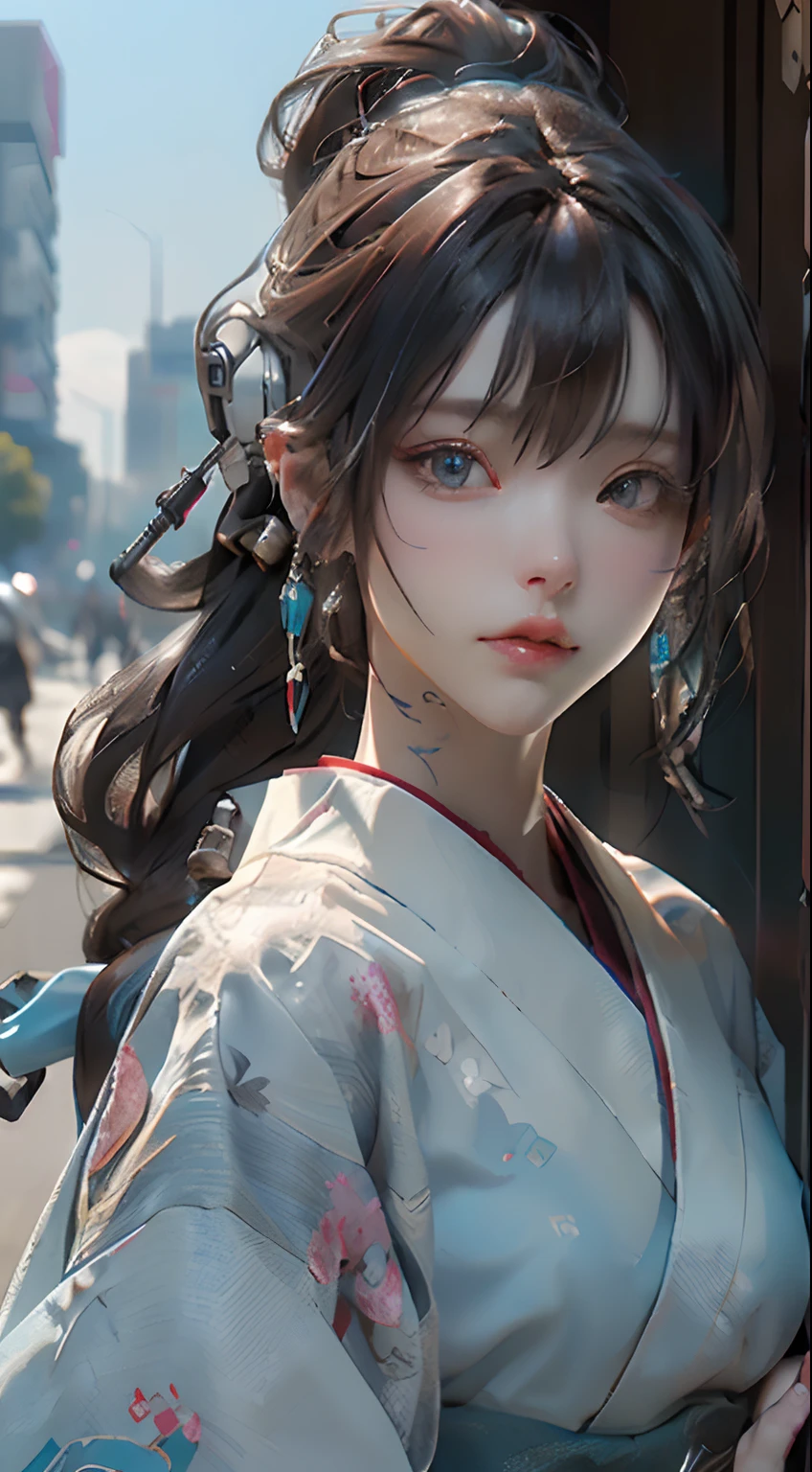firework festival, firework at sky, (sky firework as background:1.2), walking around Japan summer festival, (light blue color kimono:1.3), (Best Quality), ((Masterpiece), (Detail: 1.4), 3D, A Beautiful Cyberpunk Woman, HDR (High Dynamic Range), Ray Tracing, NVIDIA RTX, Super-Resolution, Unreal 5, Subsurface Scattering, PBR Textures, Post-Processing, Anisotropic Filtering, Depth of Field, Maximum Sharpness and Clarity, Multi-layer Textures, Albedo and Highlight Maps, Surface Shading, Exact simulation of light-material interactions, perfect proportions, Octane Render, bicolor light, large aperture, low ISO, white balance, rule of thirds, 8K RAW, close-up of a woman with very long hair and a very large body, perfect anime robot woman, anime robot with organic mix, best anime 4K konachan wallpaper, detailed digital anime art, beautiful girl cyborg, portrait of cyborg queen, cyborg - silver girl, biomechanics oppai, Digital cyberpunk anime art