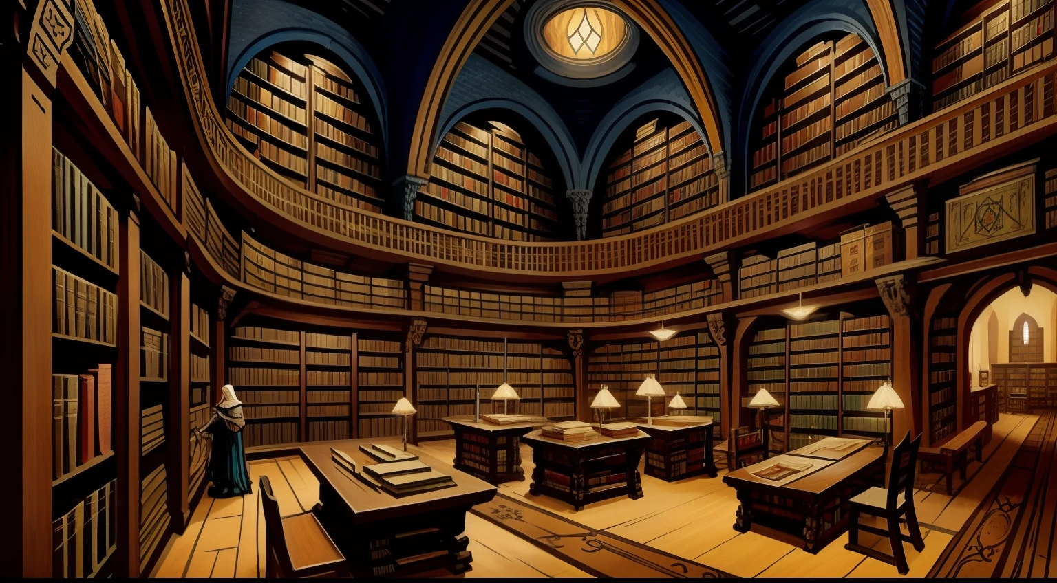 painting of library full of books, medieval concept art, medieval fantasy game art, medieval fantasy art, medieval interior, medieval library, medeival fantasy library, interior, fantasy and concept art, bookshelf, fantasy interrior setting,