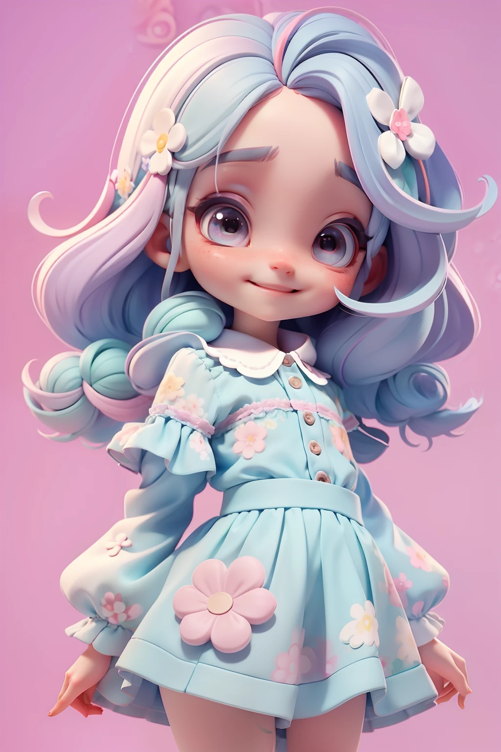 Loli menina, roupa floral em aquarela , menina meiga, olhos delicados, cabelo multicolorido, sorriso delicado, fundo simples e branco