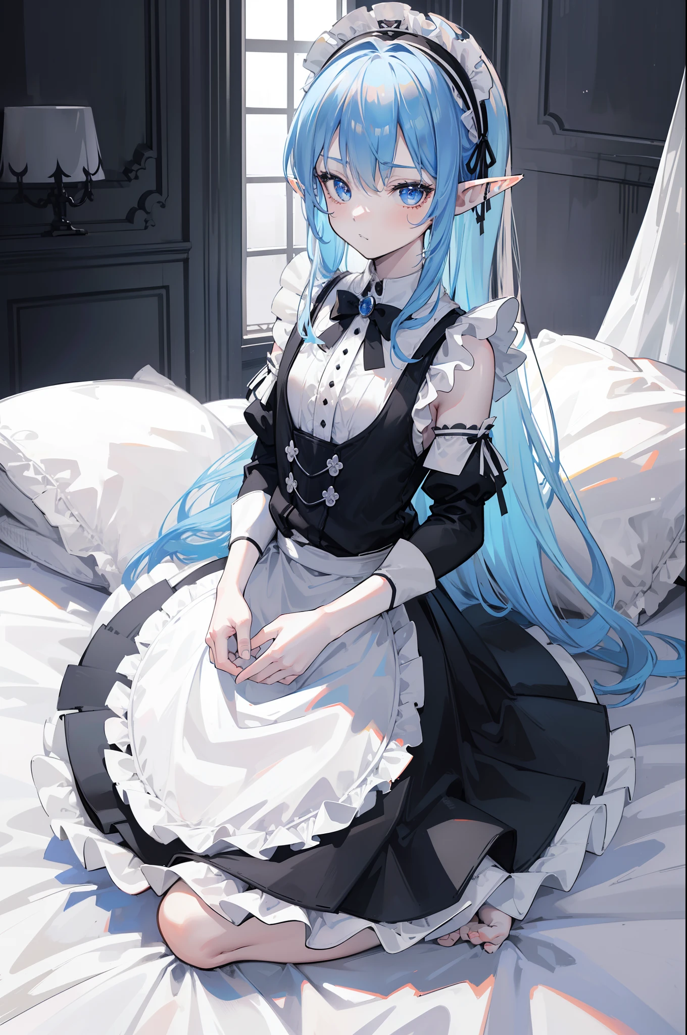 woman with blue hair, ((elf ears)), slight smile, slight blush, long hair, (extremely detailed face), full body, (looking into camera), (realistic camera angle), in bedroom, (((small black and white maid ourtfit))), small skirt, (((masterpiece))), (((ultra high quality, 8k)))