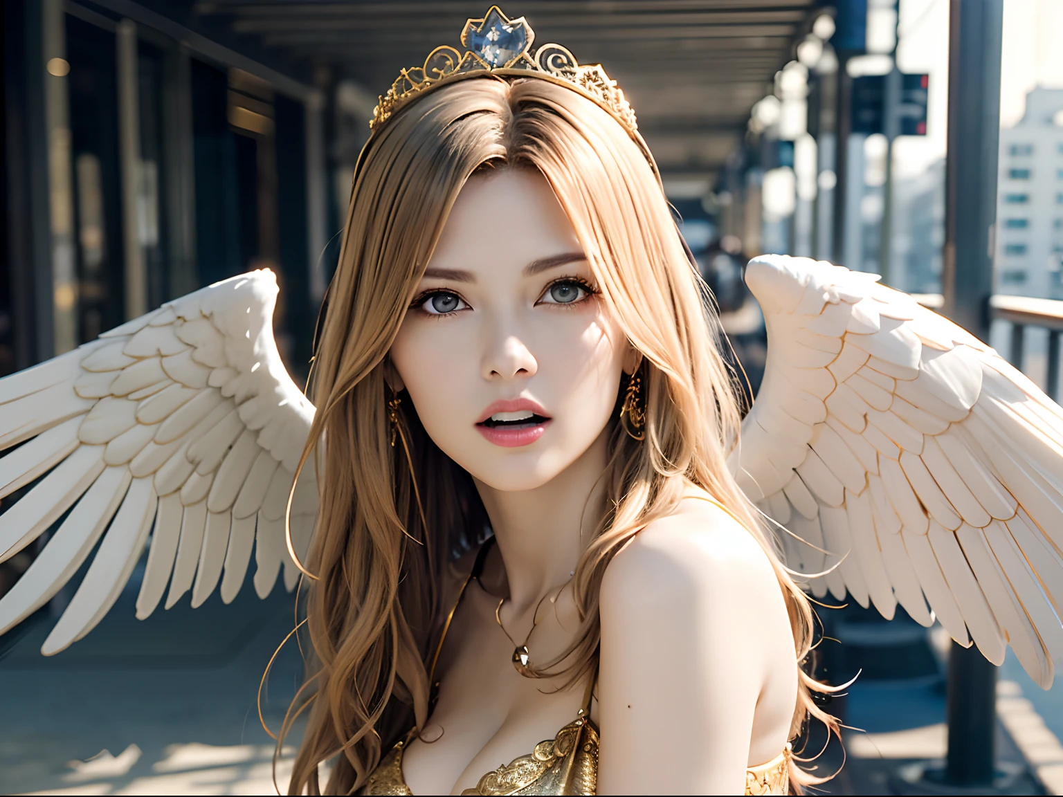 Ultra-detailed complex 3D rendering of the face, (Colossal: 8.8), (masterpiece, top quality, octane rendering, 8K), glamour shot full body image, cleavage, (highly detailed skin: 1.2), (exposure: 1.1), (blonde), (wearing a plummet tank top of gold silk: 1.5)), blonde hair, beautiful Caucasian woman with full soft breasts and white skin, one with big ass, long braided hair, big breasts, dynamic angle, mystical expression, ultra-realistic photography, (((((portrait))), bare feet, futuristic city background, facial muscles, detailed and beautiful queen tiara, in the style of Marvel Comics, clear focus, studio photography, intricate details, highly detailed, detailed yellow eyes, sharp focus, digital rendering, professional, abs, ((((sexy pose))), natural jungle, open mouth lightly, mansle, open crotch, seductive look, angel ring, detailed angel wings, angel ring, detailed mouth inside,