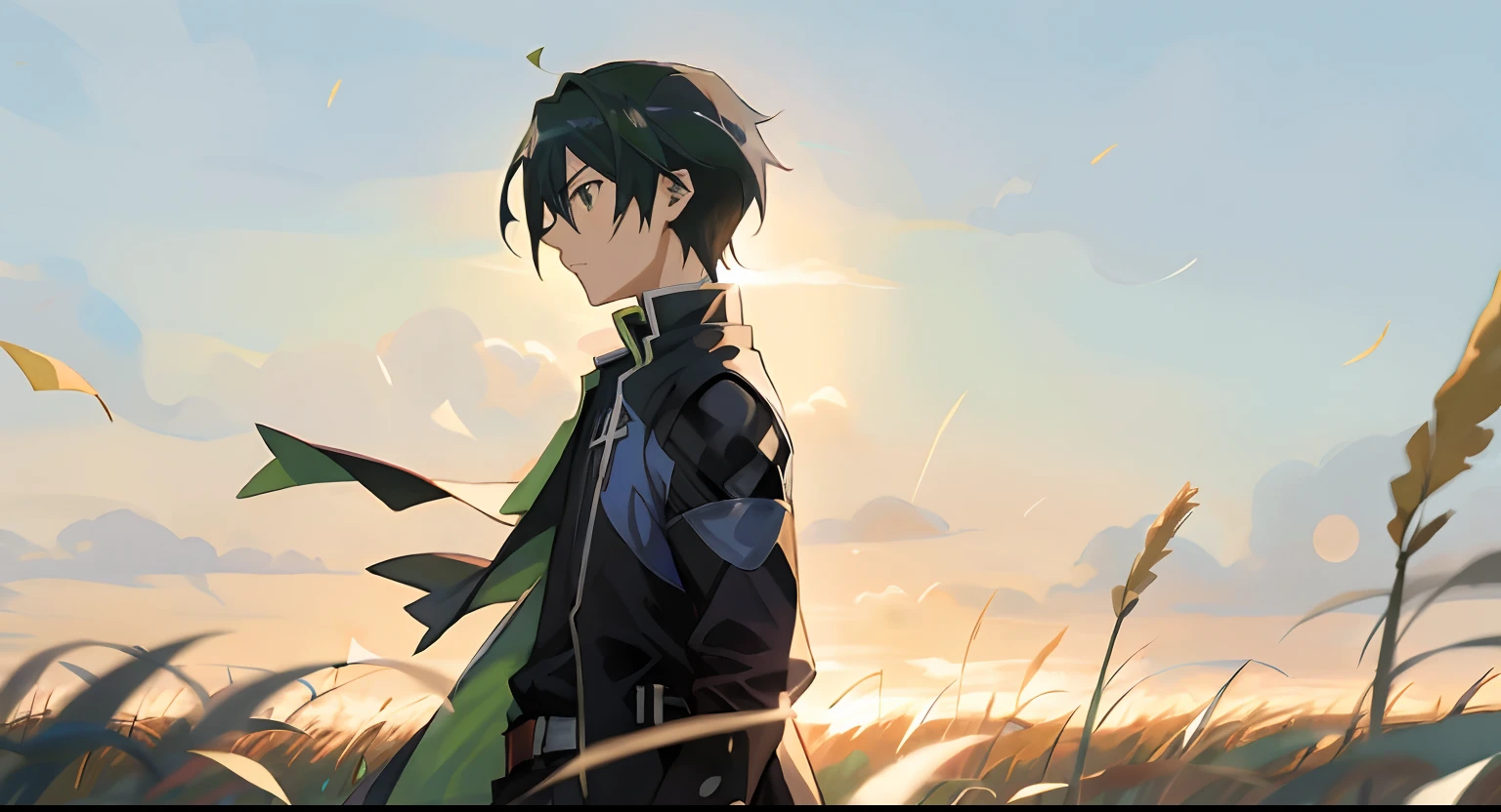 Anime boy in a tall grass field with a sky background, Kirito, Arte Zerochan, arte chave do anime, shigenori soejima illustration, badass anime 8 k, pose de anime bonito, homem bonito anime, cara bonito na arte demon slayer, Arte de Espada Online, zerochan, Anime Art Wallpaper 8K, Okata Kazuto., jovem homem de anime