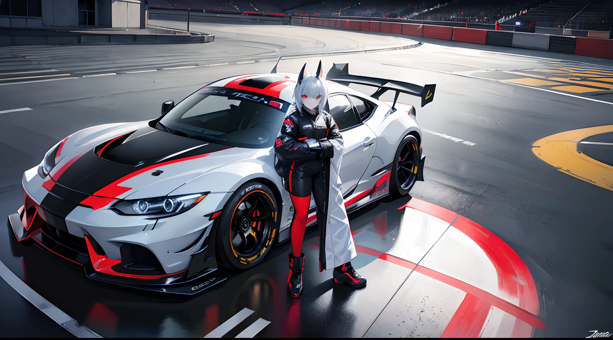afternoon, 1 girl standing by car, cars, space suit, black car, clean spoiler, very detailed, glowing lights, cool car, cool car, rocket bunny, japan, jdm, car under glow, race track, (center frame), hires,