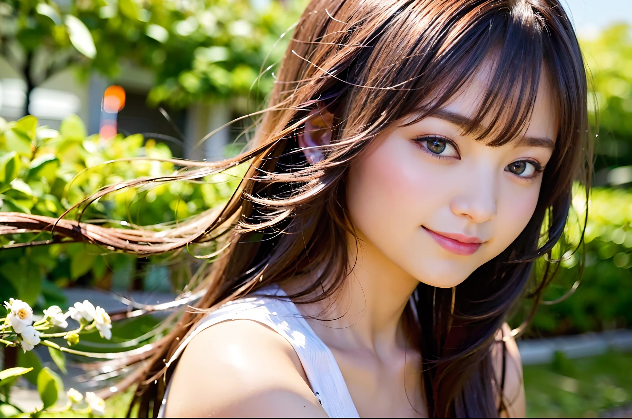 top-quality、masterpiece、超A high resolution、(Photo Real:1.3)、Model body type、Brown hair、Hair that flutters in the wind、bobhair、Natural clothing、kyoto、model poses、beautiful expression、extra detailed face、Fine-grained skin texture、A detailed eye、二重まぶた、A big smile、Focal length 24mm lens、wide angles、F-1.8、natural soft light、Healthy beauty、Angle of pull