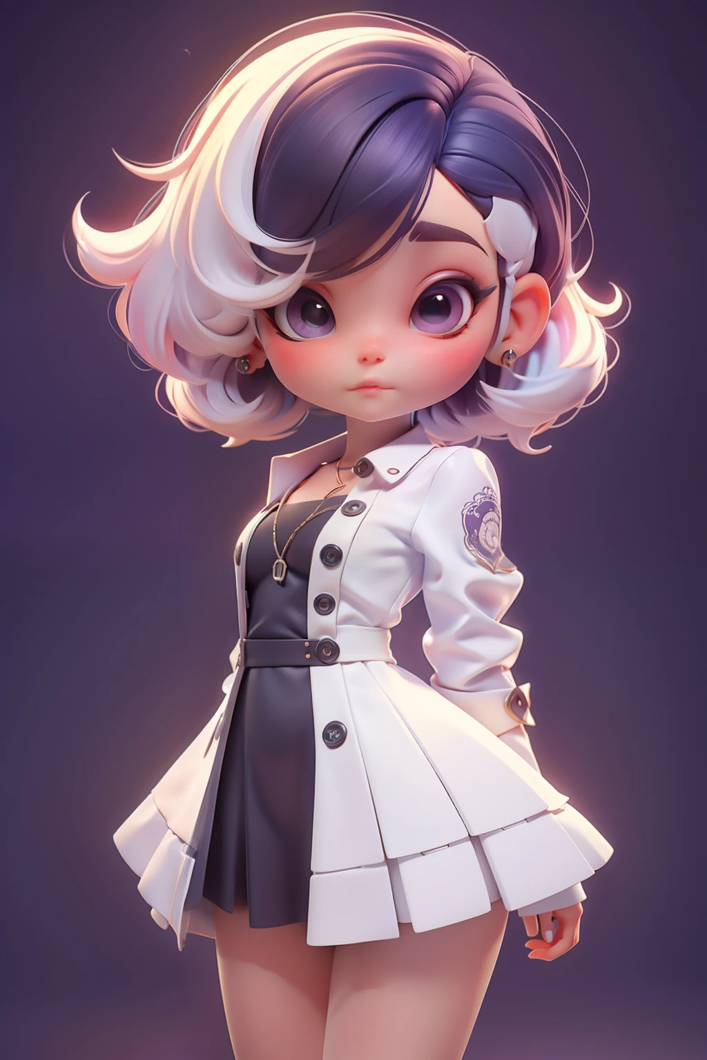 Personagem. De corpo inteiro, estilo chibi, rosto estilo 3D, menina meiga e delicada, com cabelos longos coloridos