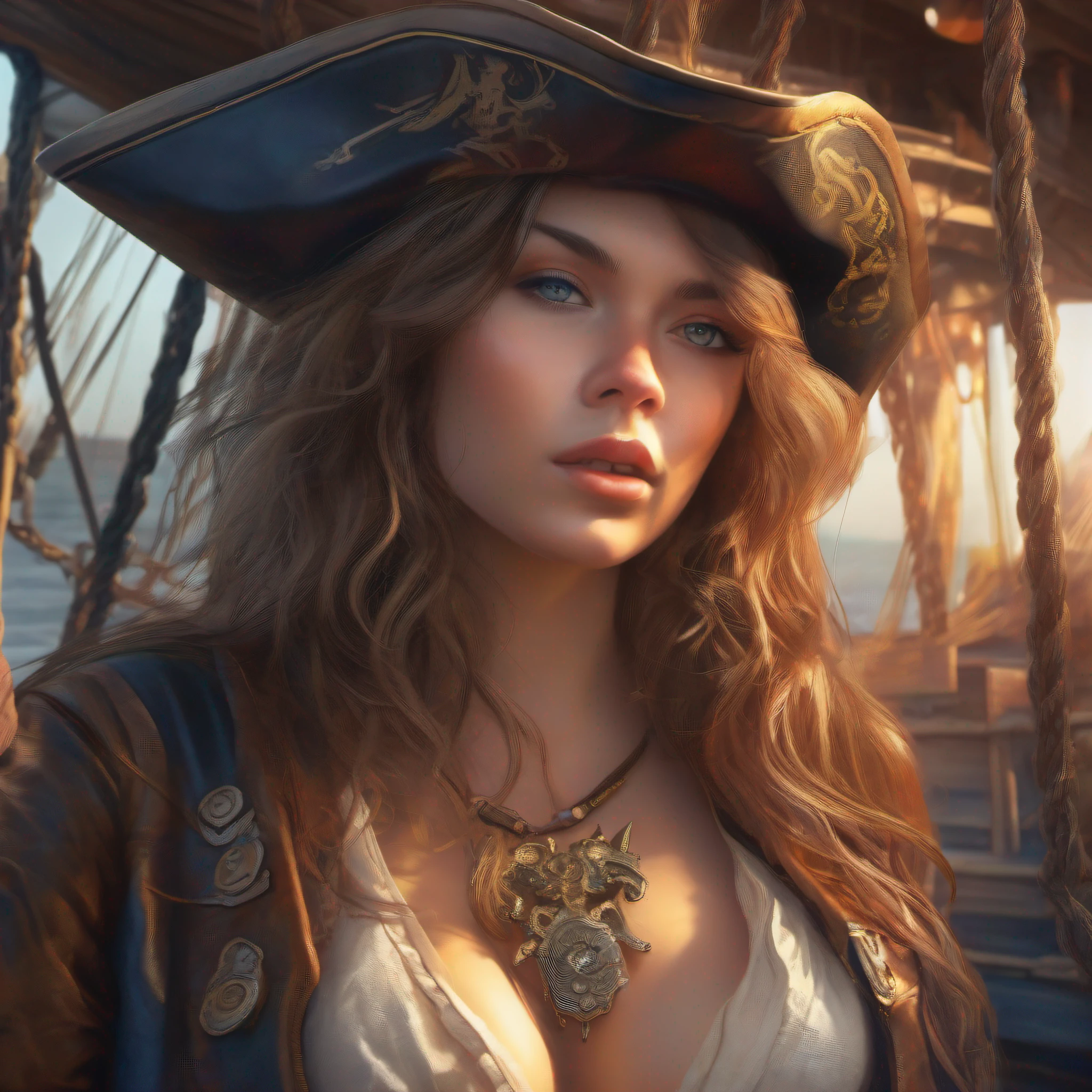 The trait of the whole body of a beautiful woman, (On board a pirate ship:1.50), intense coloration fantasy,
hair light, Stunning realistic photography, random colored hair, random color eyes, full - body,
cover, hyper detailed painting, luminism, Octane Render, Sunlight filtration, Complex,
fractal isometric details, Perfect symmetrical eyes, Gorgeous face, Hyper-ealistic cover photo
Stunning full-color, hand-drawn, Bright, gritty, True-to-life color scheme, Cinematic,
Rough sketch, mix of bold dark lines and loose lines, bold lines, on paper, Concept art portrait of Martina Fáčková in 8k resolution, Privinco Art, artgerm, WLOP, Alphonse Mucha, Tony Taka